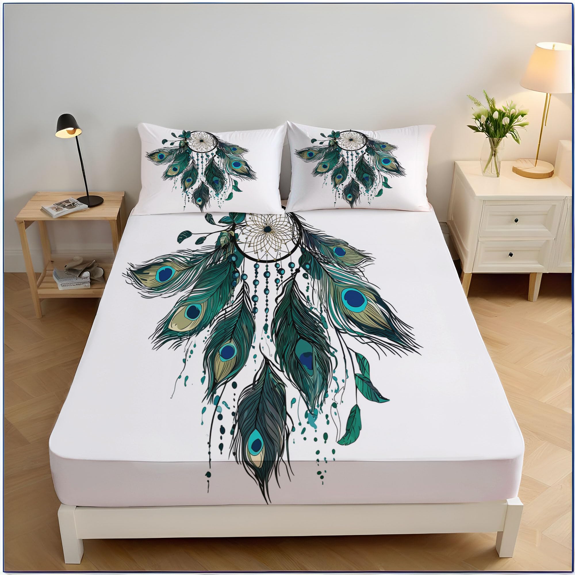 Drap housse vert plume de paon 90x190 cm respirant pour matelas épais 30 cm