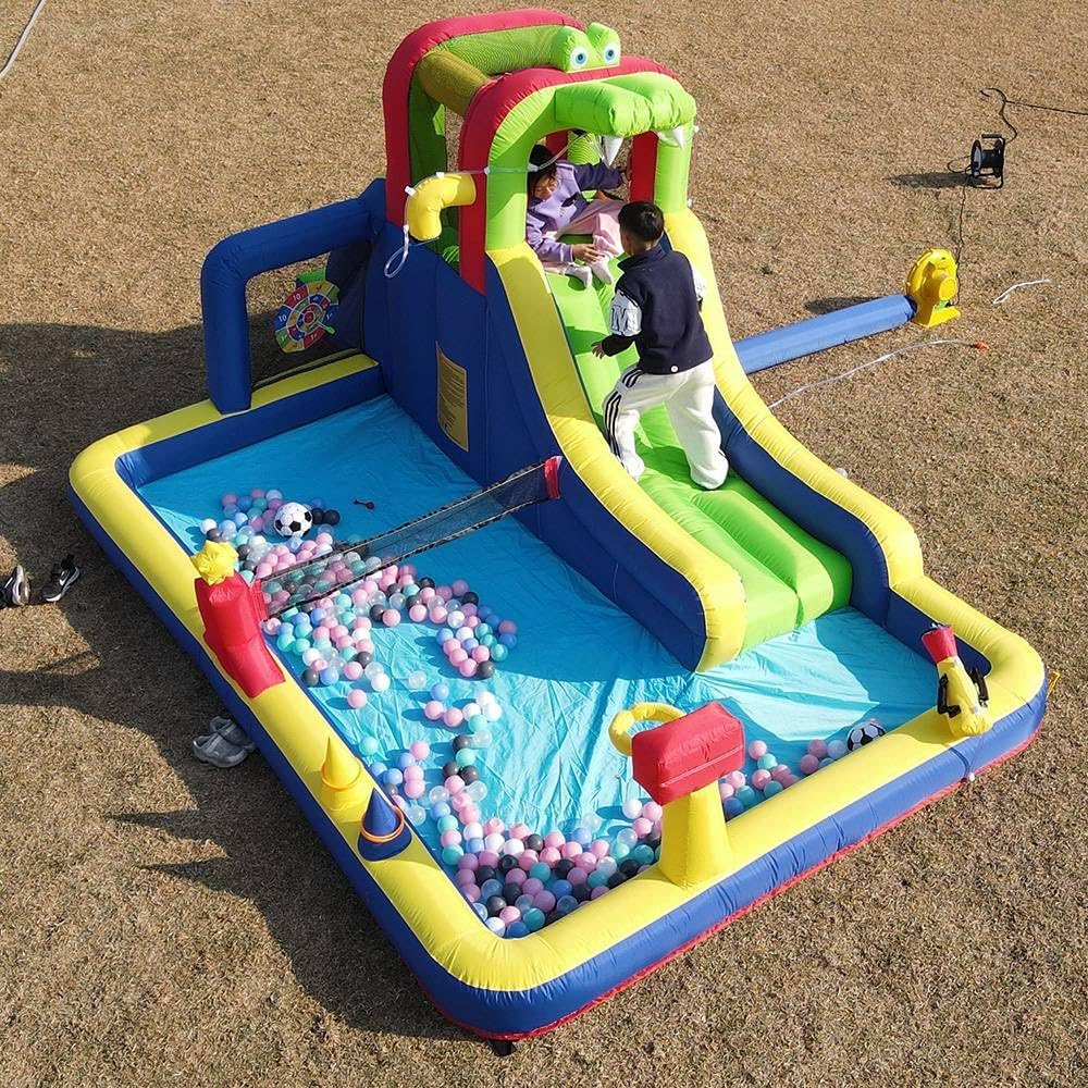 Inflatable Bounce House with Water Slide, Blow up Water Pool Ball Pit Birthday Party Games Indoor Outdoor