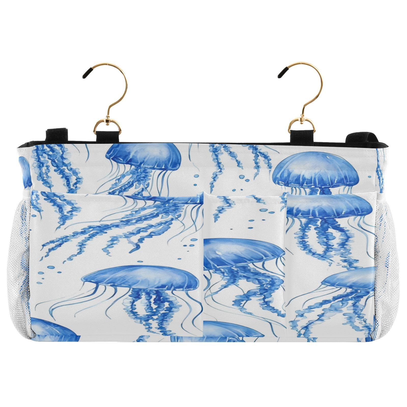 BOESI Watercolor Blue Jellyfish Bedside Storage Hanging Bag, Hanging Storage Basket, Suitable for Storing Cell Phones, Water Bottles, Books