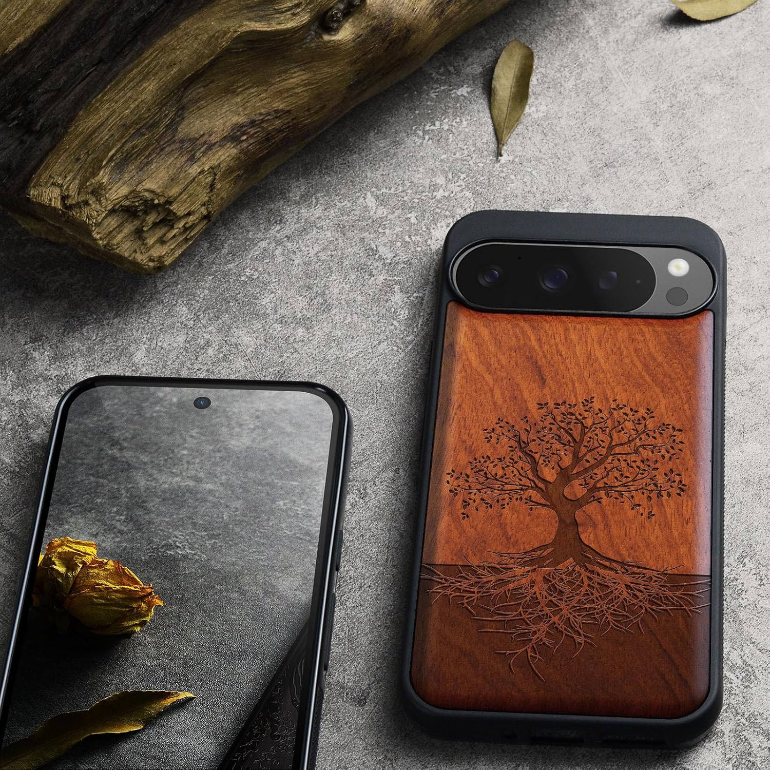 Carveit Magnetic Wooden Case for Pixel 9 Pro Google 9 Pro Case, Wood Artisan Engraved & Soft TPU Shockproof Cover, Compatible with MagSafe Wireless Chargers (The Yin Yang Tree) Rosy