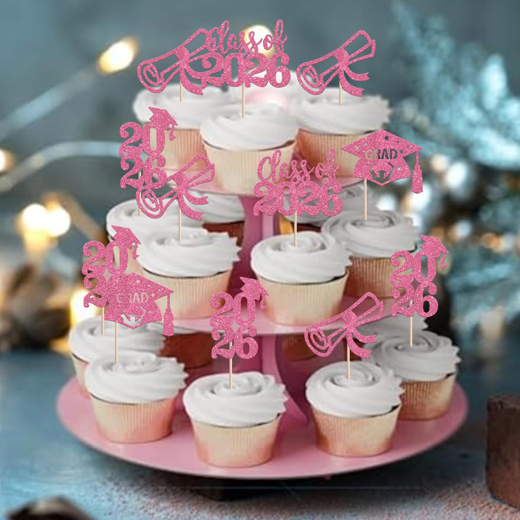 SYKYCTCY 24 Pack 2026 Graduation Cupcake Toppers Glitter Class of 2026 Grad Cap Diploma Cupcake Picks 2026 Graduation Theme Party Cake Decorations Supplies Pink - Image 4