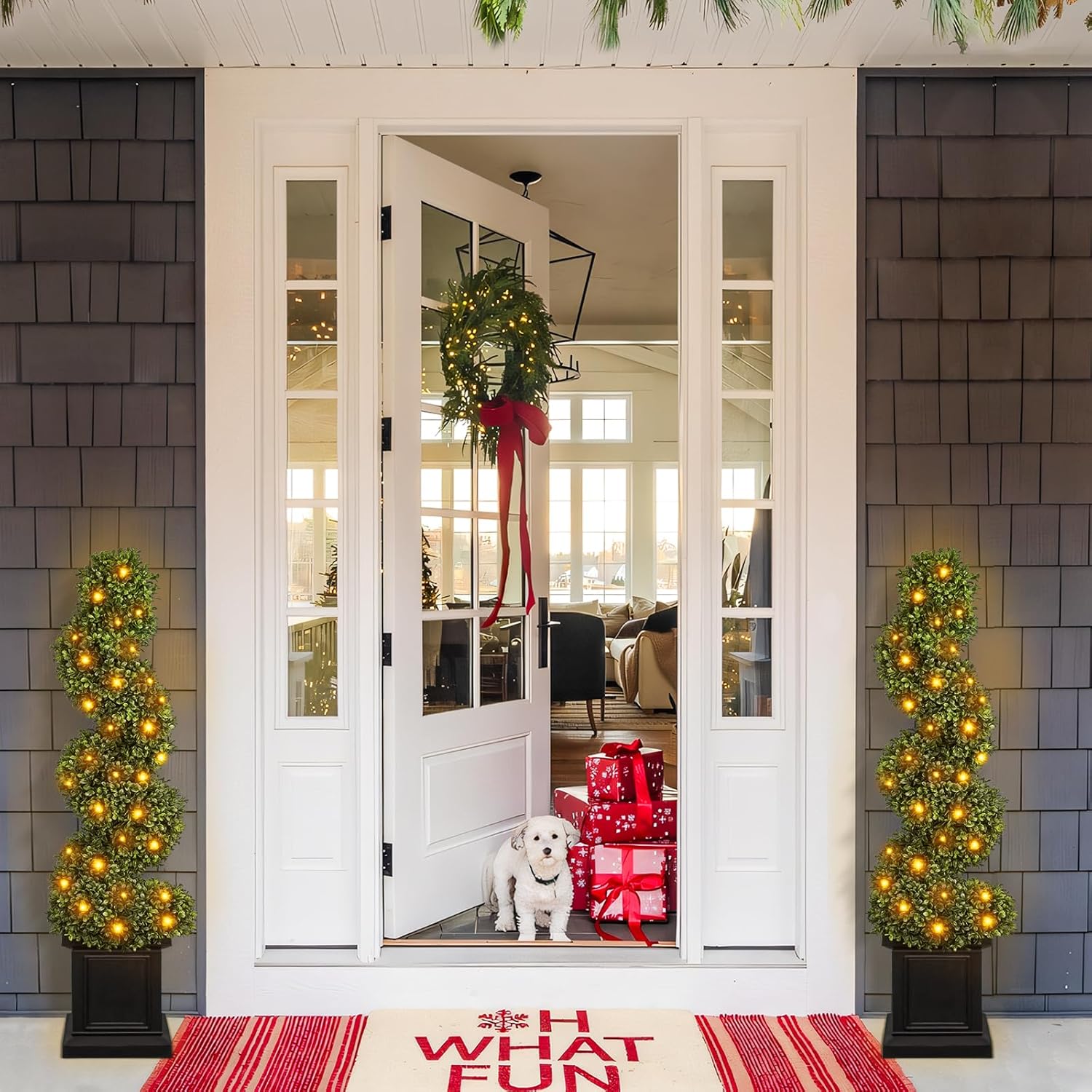 Boxwood Outdoor Topiary Set of 2, 3.5ft Tall Porch Trees, All-Year Green Fake Plant Topiary Trees Artificial Outdoor with Sturdy Pot for Porch Indoor (Spiral)