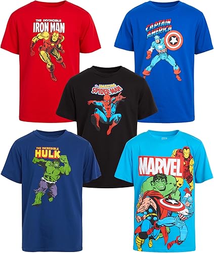 Marvel Paquete de 5 camisetas de los Vengadores para niños, Spider-Man, Hulk, Capitán América, Iron Man, Thor (2T-16)