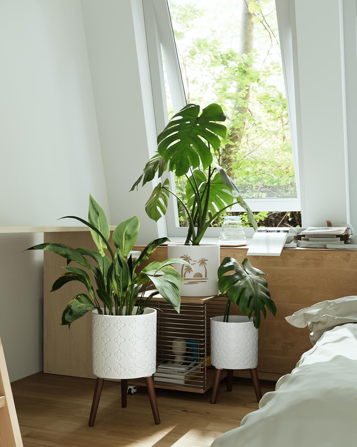 Planter with Stand,Set of 2 – Large Indoor Plant Pots & Drainage, Matte White