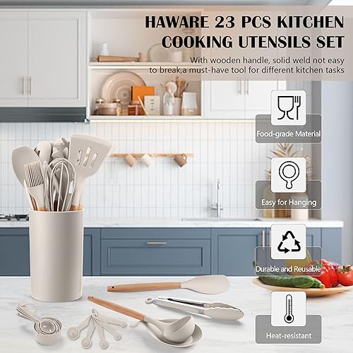 Miniatura 3 de HaWare Juego de utensilios de cocina de cocina, 23 piezas de silicona con soporte, mango de madera resistente al calor, utensilios de cocina para
