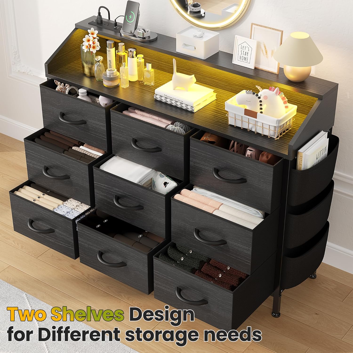Lulive dresser with drawers open, showing internal storage capacity and organization