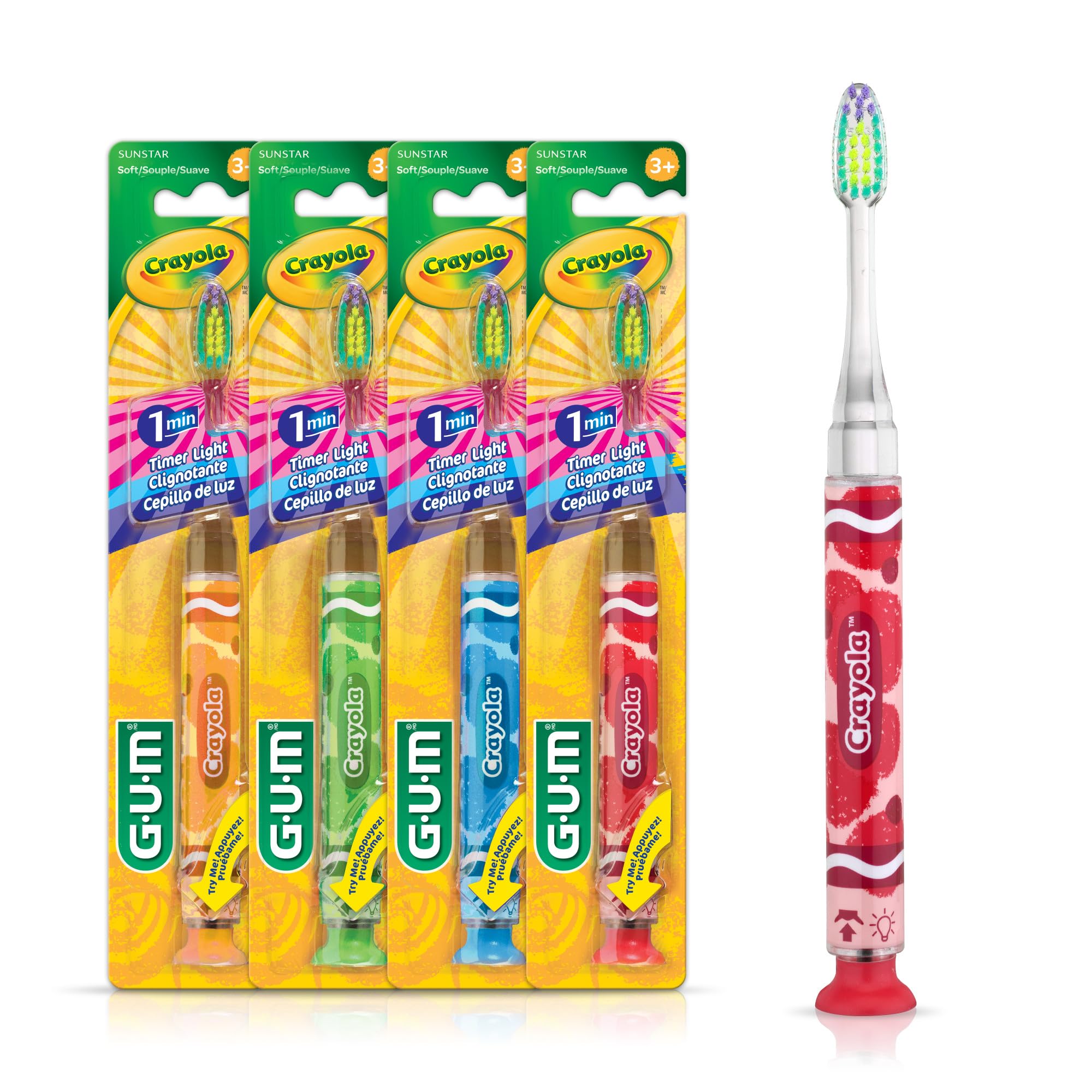 GUM Crayola Timer Light Toothbrush for Kids, Soft Bristles, Suction Cup Base, Children & Toddler Toothbrush 3 Year Old+, 1 Count (Pack of 4)