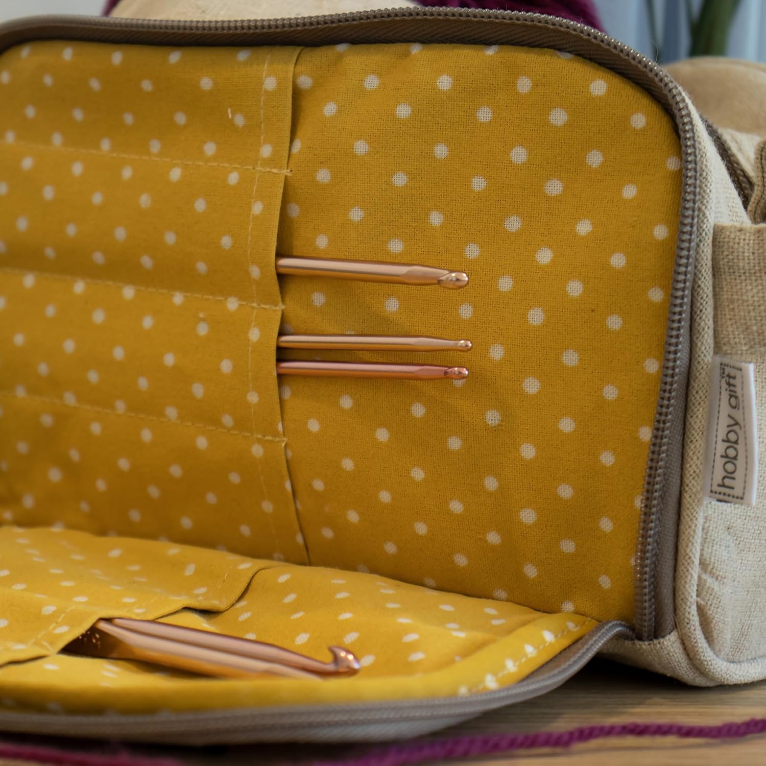 Hobby Gift Crochet Bag Zippered Storage Case with Yarn Eyelet Carry Handle for Crochet Hooks Yarn and Craft Accessories