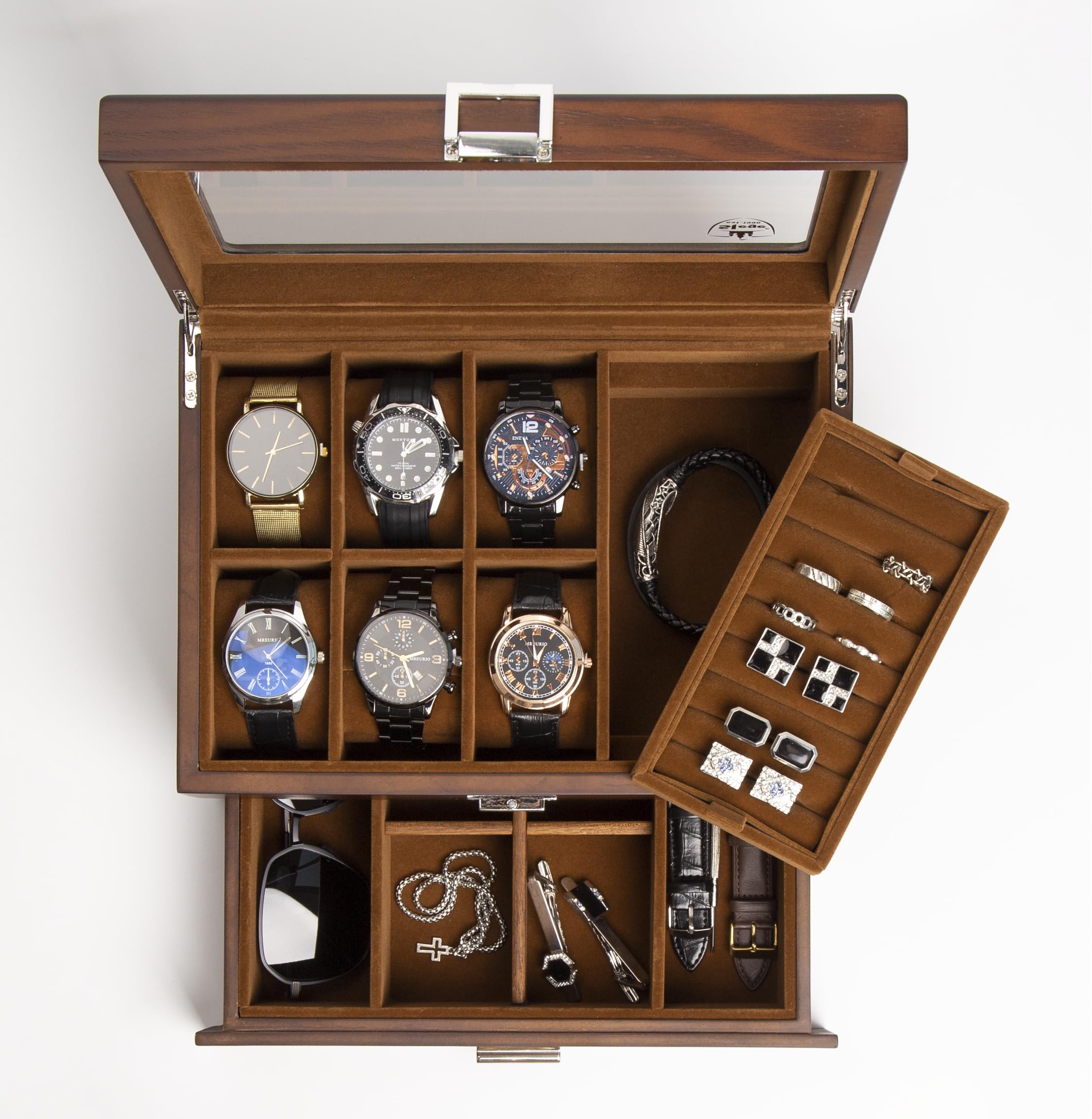Slege Uhrenbox aus Holz mit 6 Fächer,Uhrenkasten Glasdeckel,2 Ebenen,Uhrenetui für Herren,Uhrenaufbewahrung für Uhren,Schmuck Box,Uhrenbox-Organizer für Damen und Herren,für Ringe (Braun)