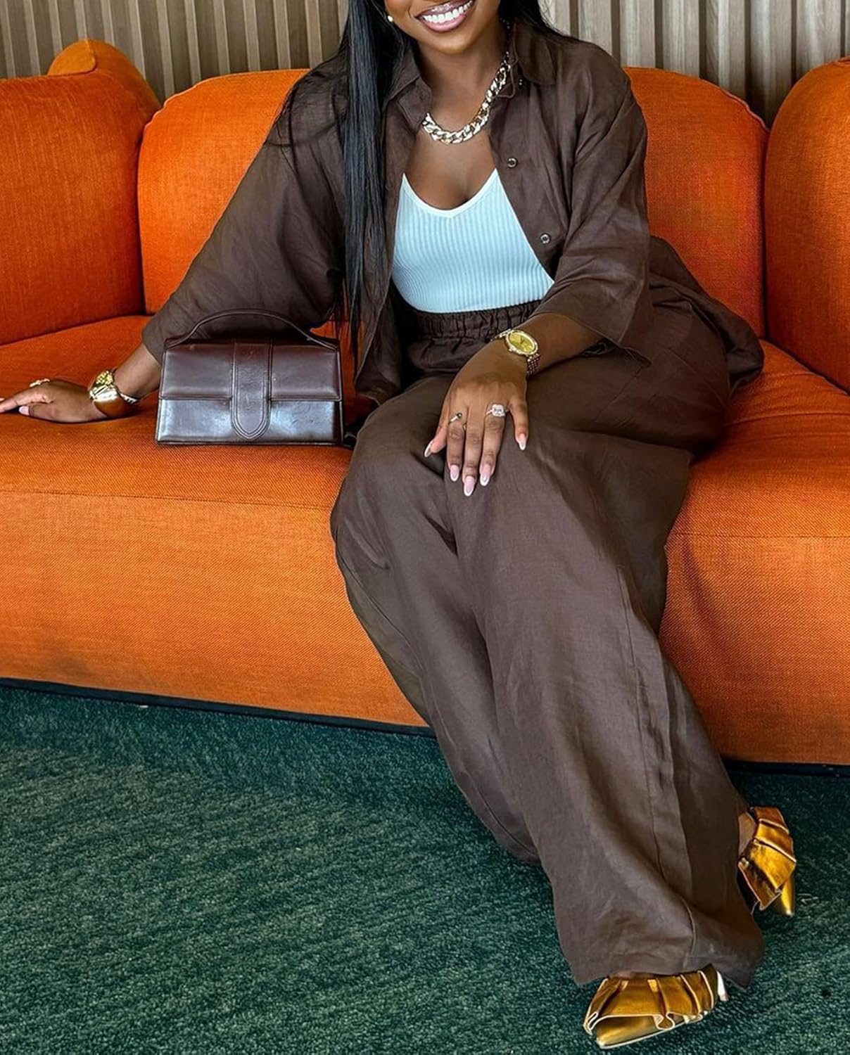 Voghtic 2 Piece Outfits For Women Lounge Sets 3/4 Sleeve Button Down Shirts And Wide Leg Pants Sets - Image 5