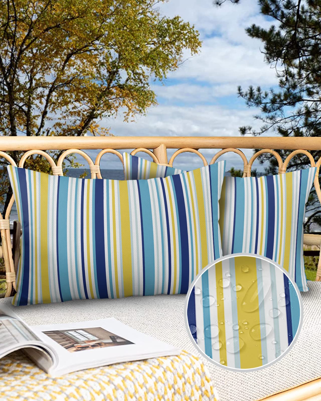 Outdoor Waterproof Throw Pillow Covers 20 x 12 Inches Set of 2 Aqua Navy Blue and Yellow Colorful Texture Decorative Cushion Cover Pillowcase for Garden Patio Tent Beach Bedroom Livingroom Sofa Couch