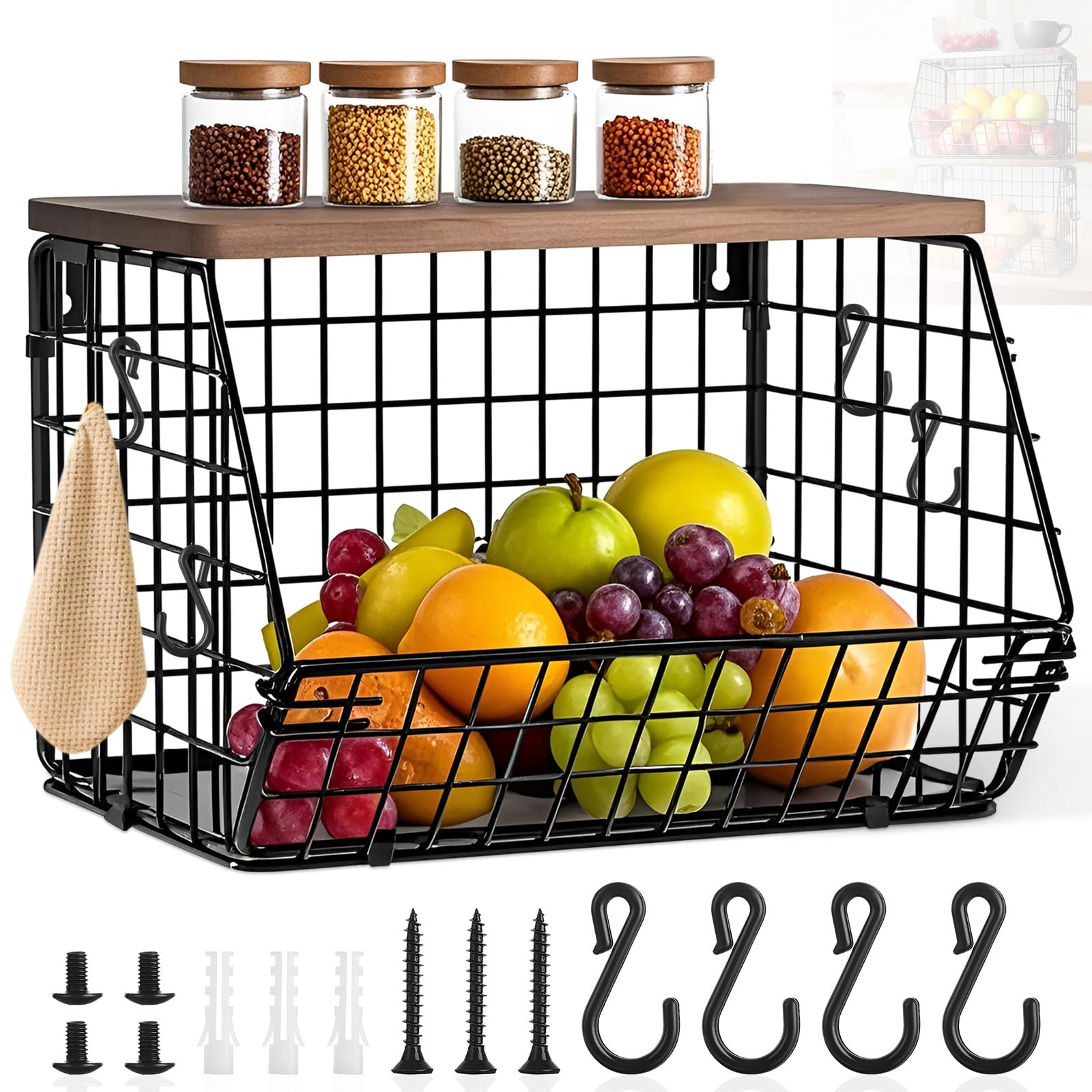 Dinhauyon Vegetable and Fruit Storage, Fruit Basket, Stackable Fruit Holder with Wooden Lid, Kitchen Countertop Rack, Wall Mounted Storage Baskets for Vegetables Fruit Bread Snacks