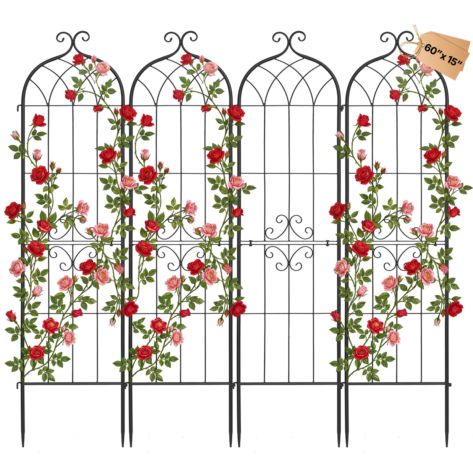VEVOR Enrejado Metálico para Jardín, 152 x 40,5 cm, Celosías de Jardín, Conjunto de 4 Piezas, Soporte para Plantas Trepadoras, con Estacas, Acero al Carbono, Decoración, para Verduras Flores, Negro