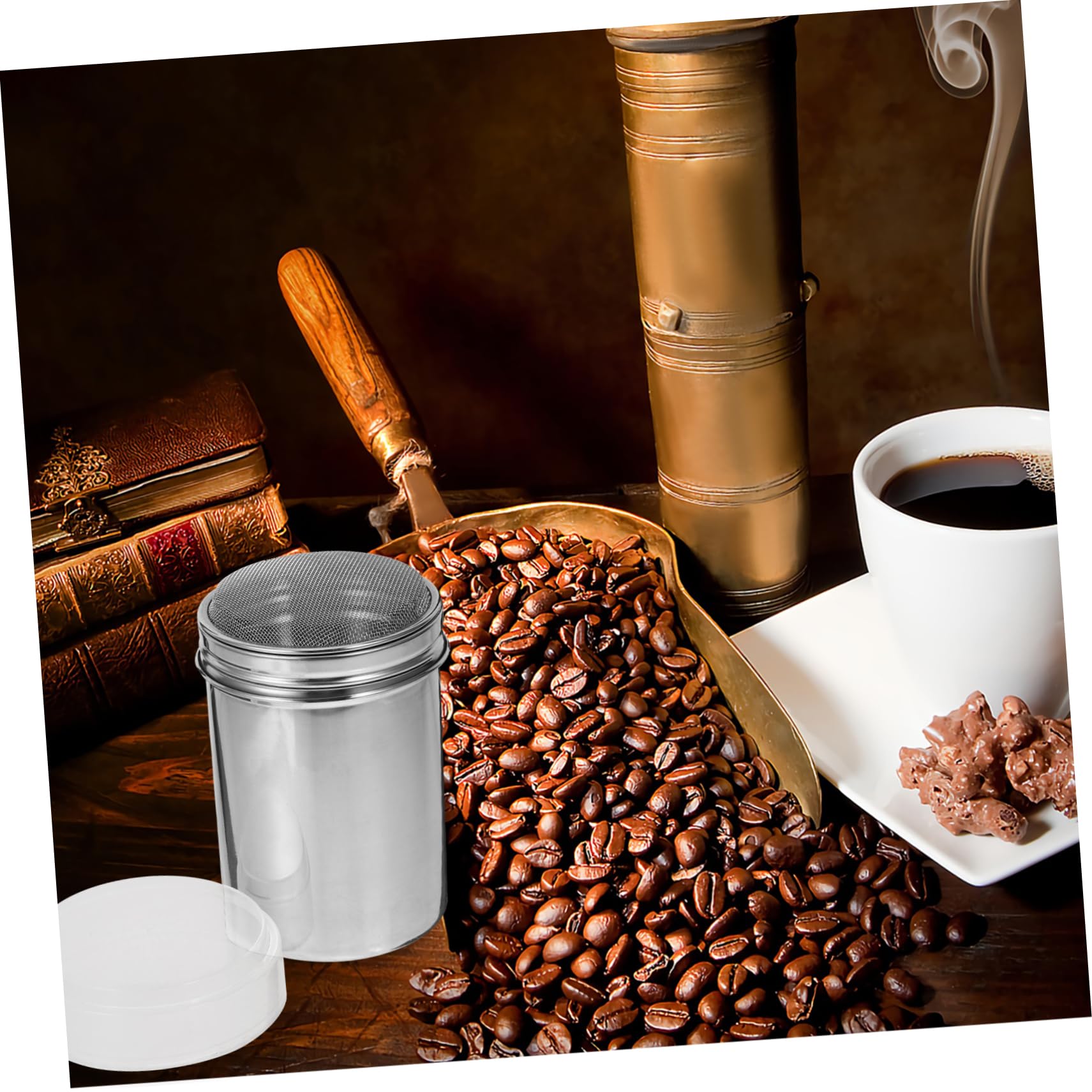 STOBAZA Metal Cocoa Shaker Lid Stainless Steel Powder Dispenser for Chocolate Cinnamon Sugar Sprinkle Baking Supply for Coffee Cappuccino