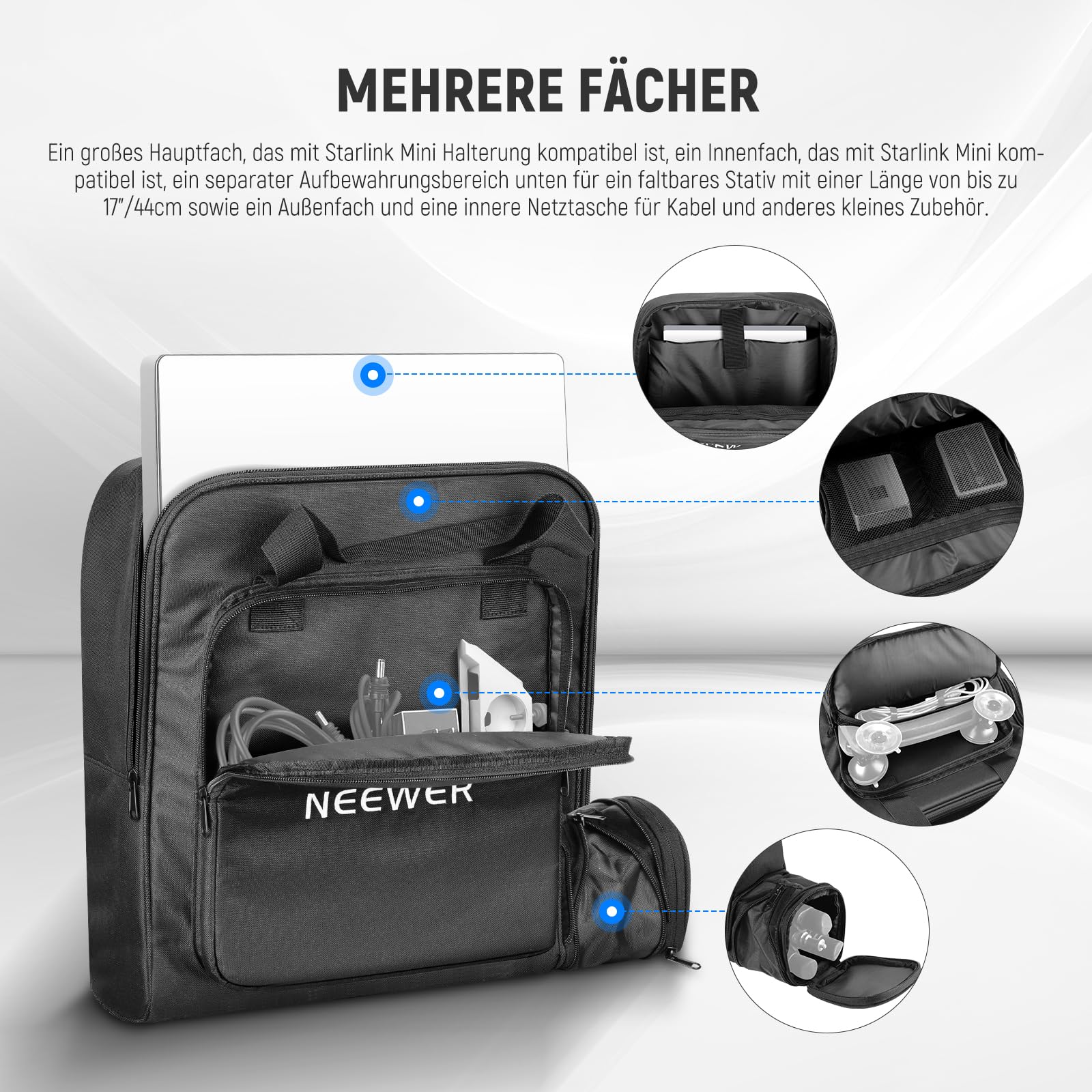 NEEWER tragbare Reisetasche kompatibel mit Starlink Mini Dish und Zubehör, leichte Tragetasche mit separatem Fach, schützende Aufbewahrungstasche, für gefaltetes Stativ Lichtstativ bis zu 44cm, RU-012