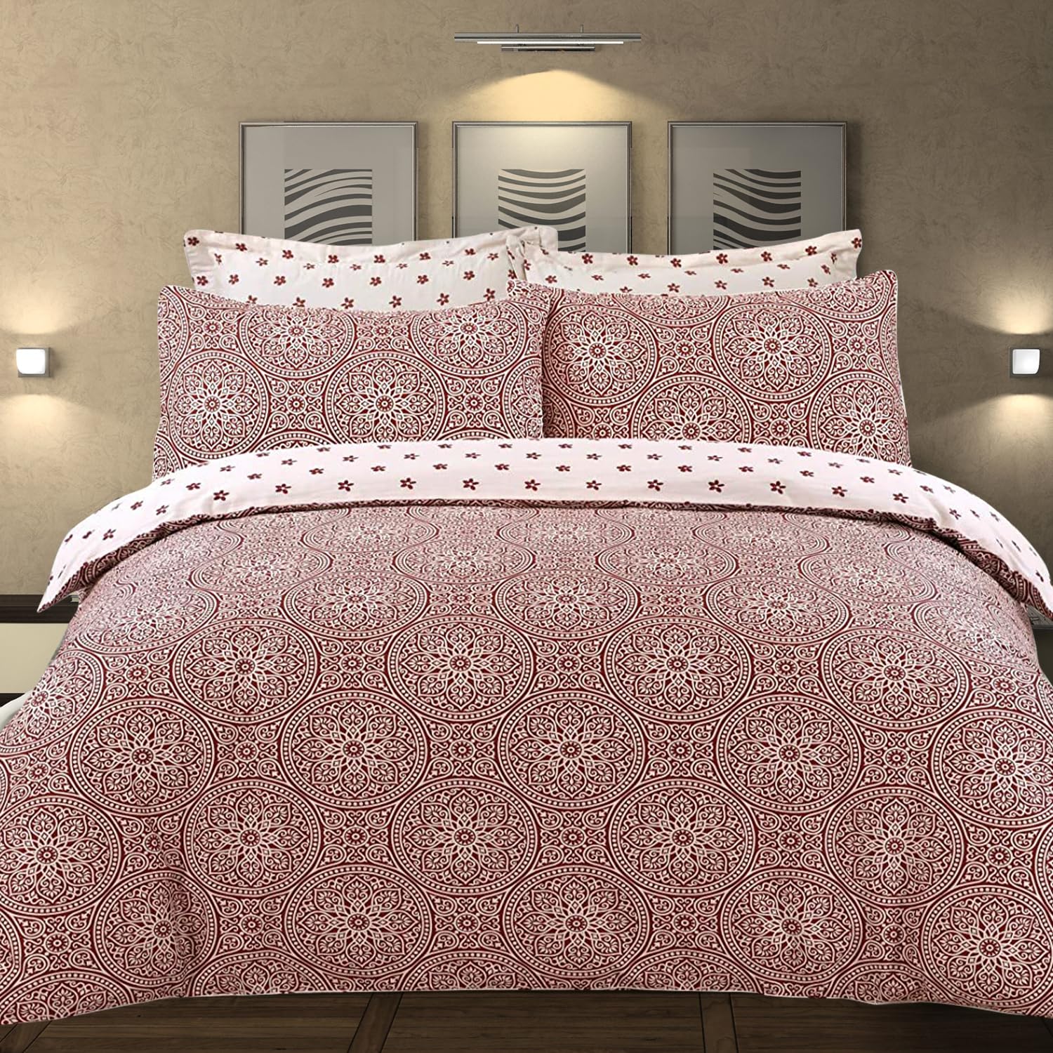 DTEX HOMES Super King Duvet Set 220 Thread Count 100% Pure Cotton Reversible Printed Hotel Quality Duvet Cover Ultra Soft Easy Care Luxury Super King Duvet Cover Set (Julliet Red)