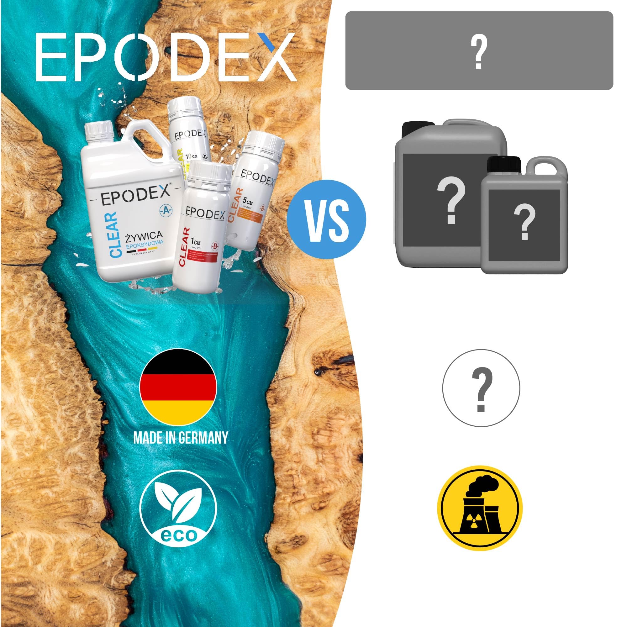 EPODEX® Żywica epoksydowa 2K, 3 wysokości odlewania 0-10 cm, powłoki, sztuka, rękodzieło i inne, żywica odlewnicza, żywica syntetyczna, przezroczysta, rabatowa | Zestaw do odlewania żywicy, powłoki, sztuki, odlewów, stołów rzecznych, lamp, biżuterii, prze