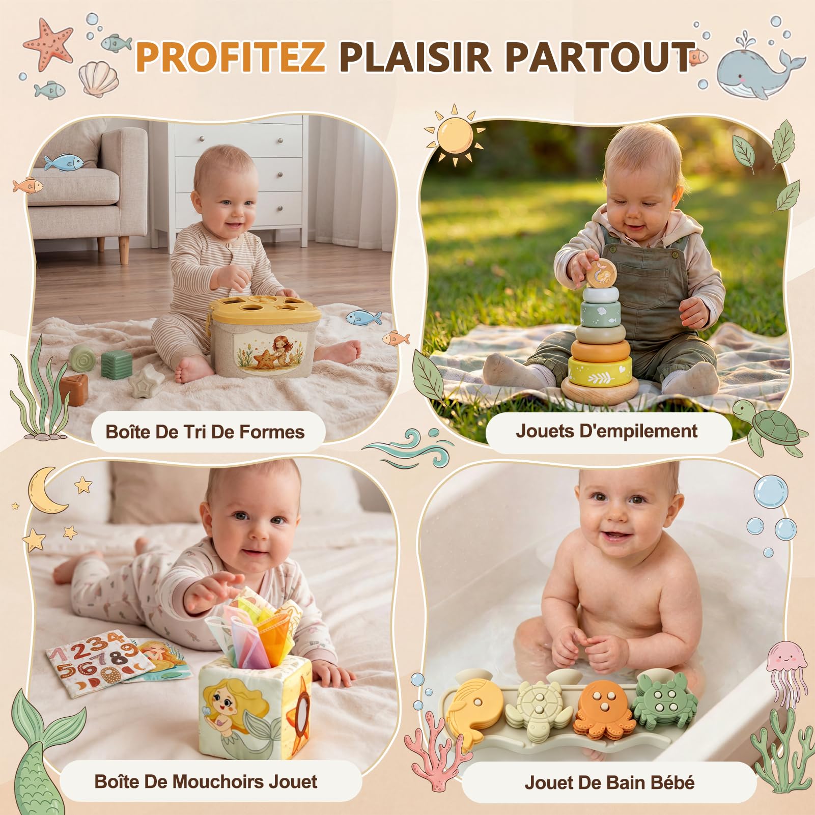 Jouet Bebe 6 Mois, 5 en 1 Jeux Éveil Bébé 6-12 Mois, montessori 6 8 9 mois | Cube Empilables & Tri des Formes, Boîte à Mouchoirs, Jeux Sensoriels 6-24 Mois, Cadeau Anniversaire & Noël Bébé Fille