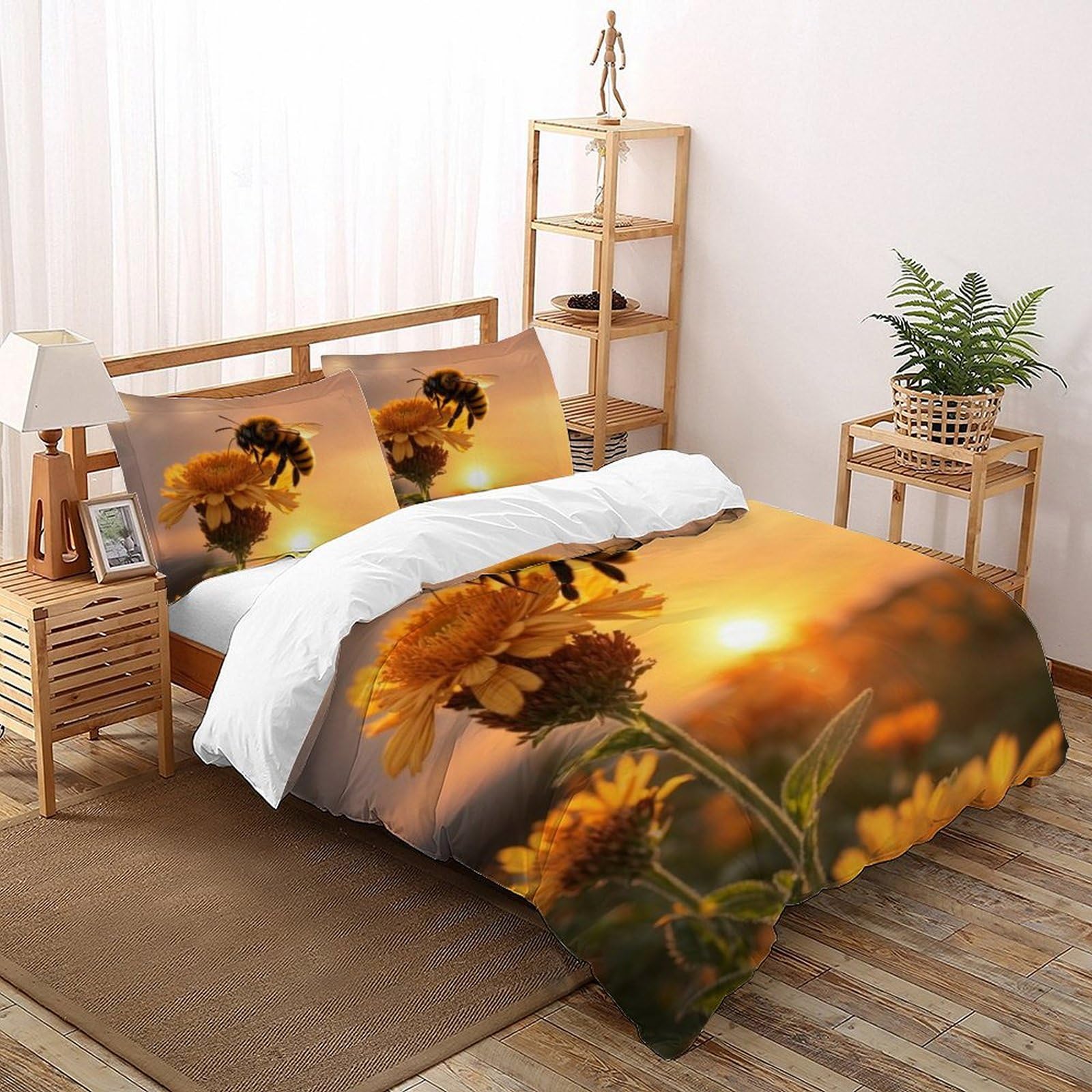 Housse de couette double abeille dessin animé en microfibre 200x200cm avec taies d'oreiller