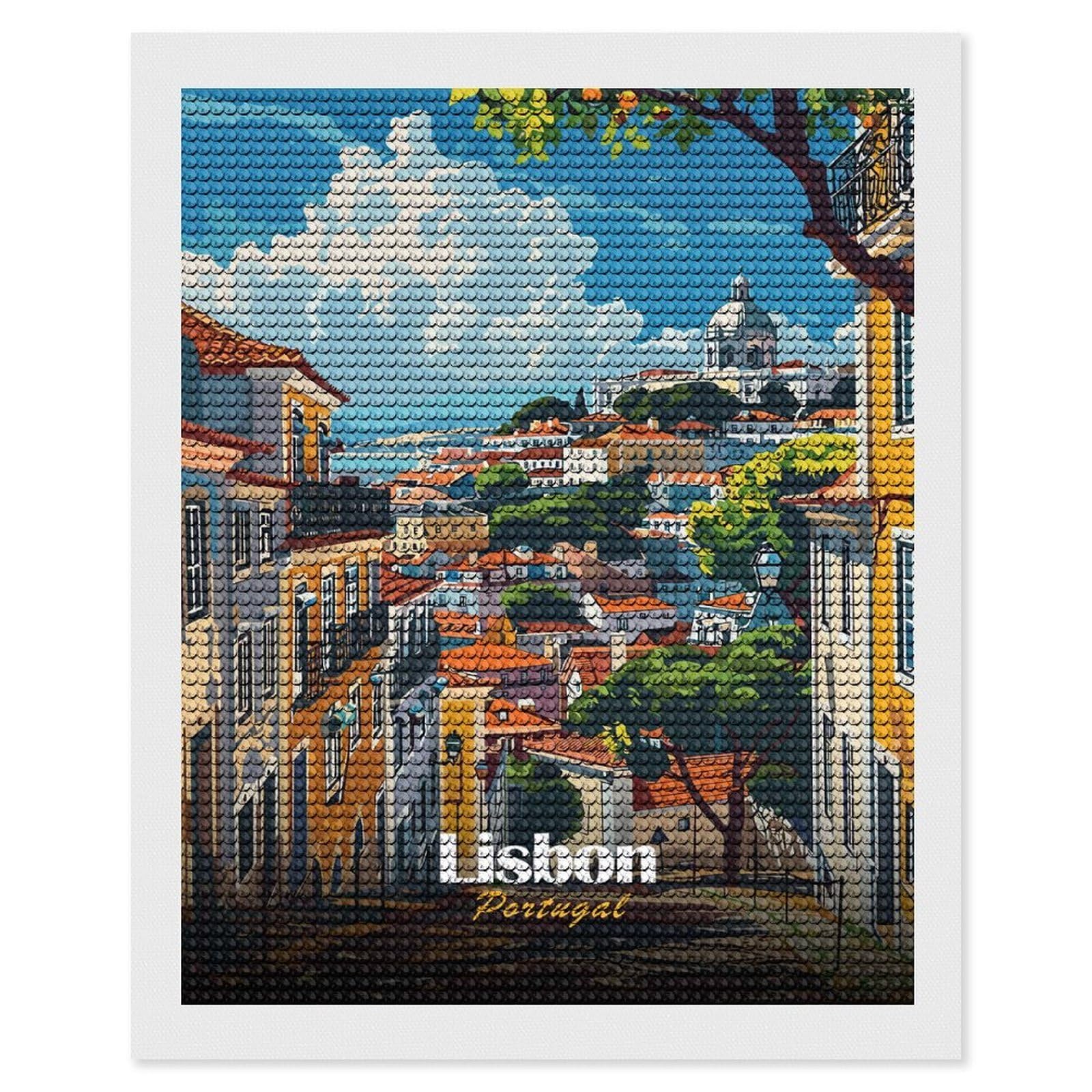 Junmoney Lisbon, Portugal Cityscape Illustration Diamond Painting Kit 16"x20", for Women, Simple to Start, Bedroom Decor, Christmas Gift, Good for Quiet Evenings
