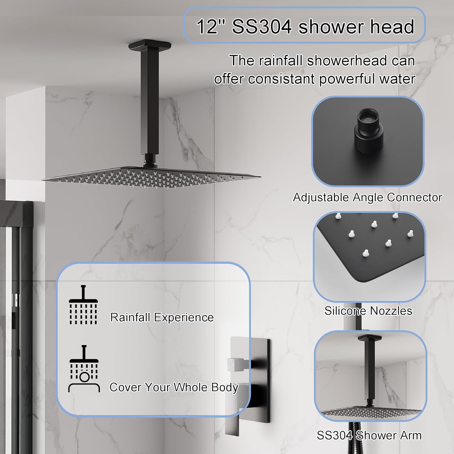 WELLFOR 12-In Ceiling Mount Shower System with Single Handle, Pressure-balanced Valve Included, Waterfall Dual Head Shower Head System, Rain Shower System, Shower Faucet Trim Kits, Matte Black