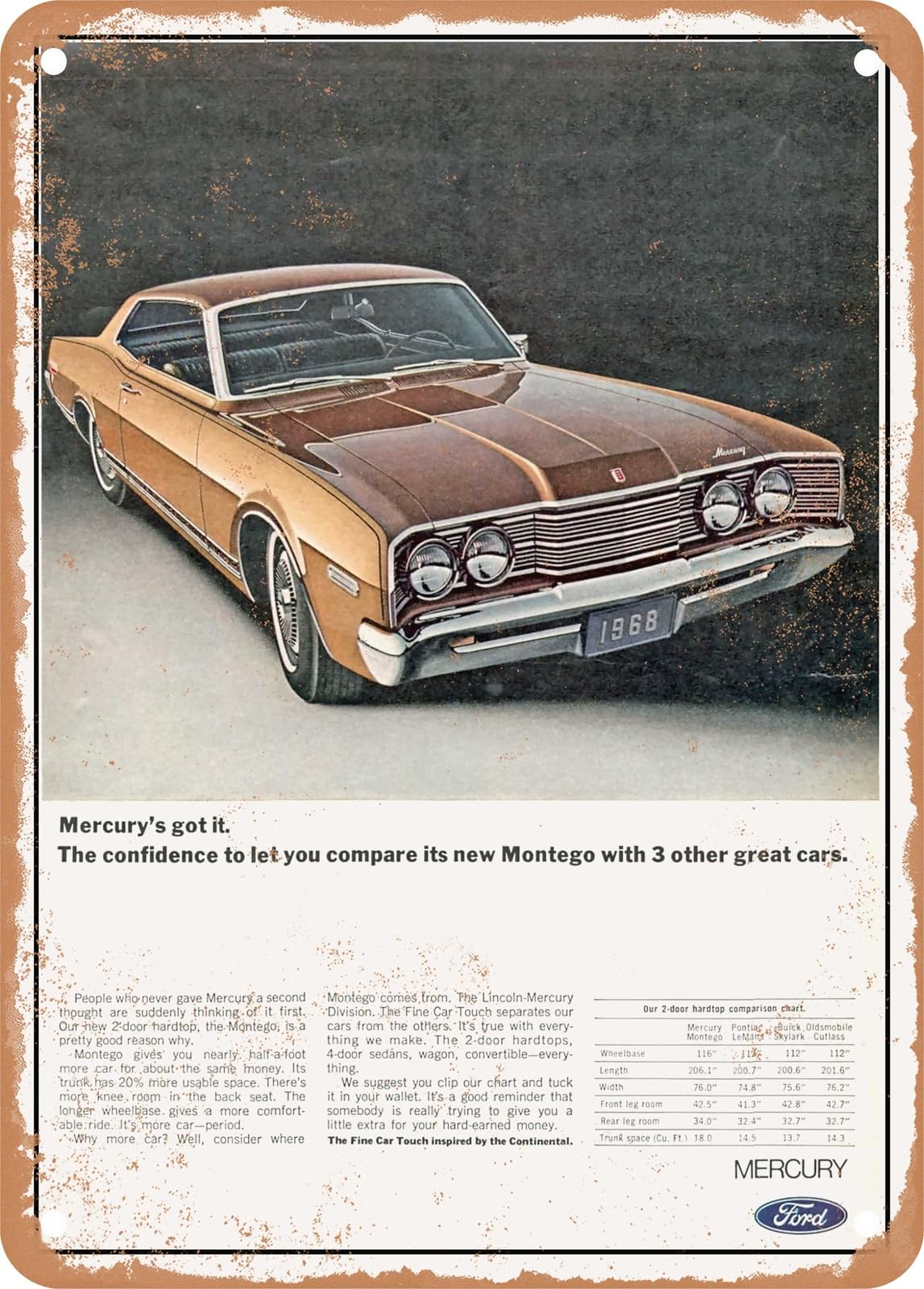 Miaomansenstore Metal Sign - 1968 Mercury Montego 2 Door Hardtop Mercury's Got It Vintage Ad Home Decor