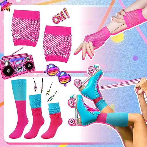 Miniatura 4 de 20 piezas de accesorios de los años 80 para mujer, conjunto de traje de neón de los años 80 para mujer con riñonera, diadema, guantes de red