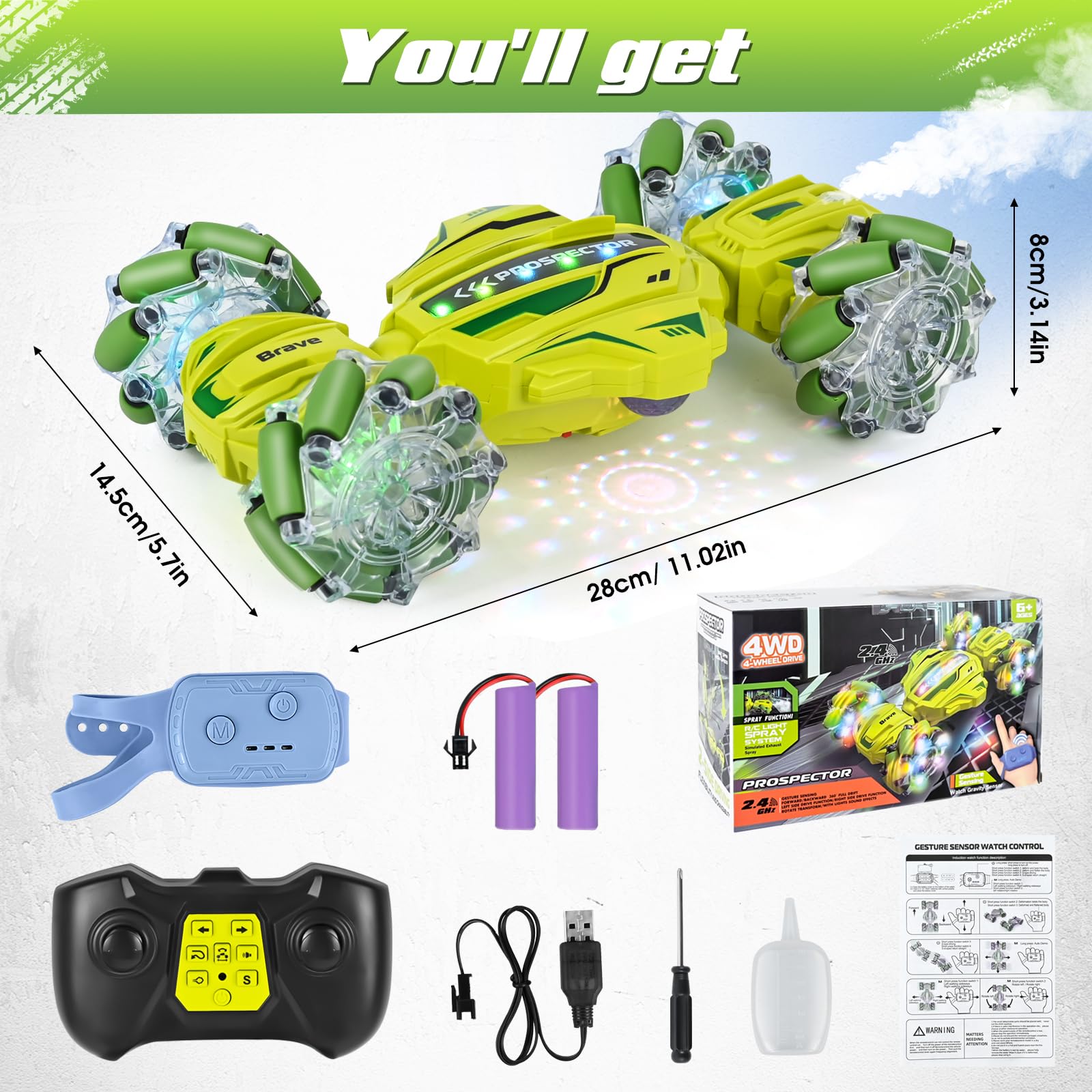 PATEMZON Voiture Télécommandée Tout Terrain, 4WD 2.4Ghz RC Stunt Car, Voiture télécommandée avec la Main, Lumière et Spray, Rotation à 360°, Cadeau pour Filles Garçons Enfants de 6 8 9+ Ans (Vert)