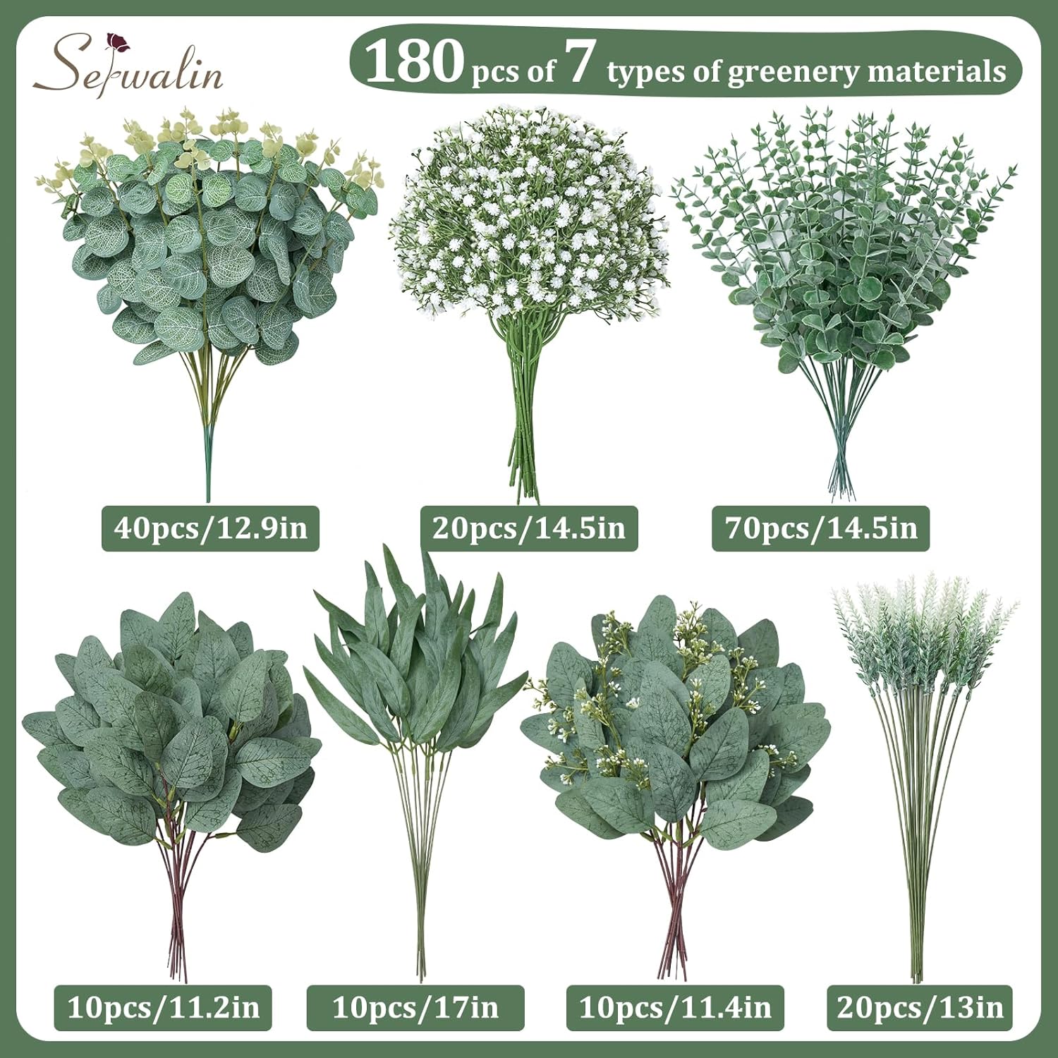 Serwalin 180 Pcs 7 Kinds Mixed Artificial Eucalyptus Greenery Stems Bulk, Baby Breath Flowers Artificial with Faux Leaves Picks for DIY Bouquets Wedding Floral Centerpieces Vase Table Home Decor