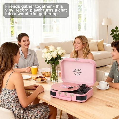 Miniatura 10 de Tocadiscos de vinilo Bluetooth con altavoces integrados, tocadiscos portátil para discos de vinilo, tocadiscos rosa vintage de 3 velocidades con
