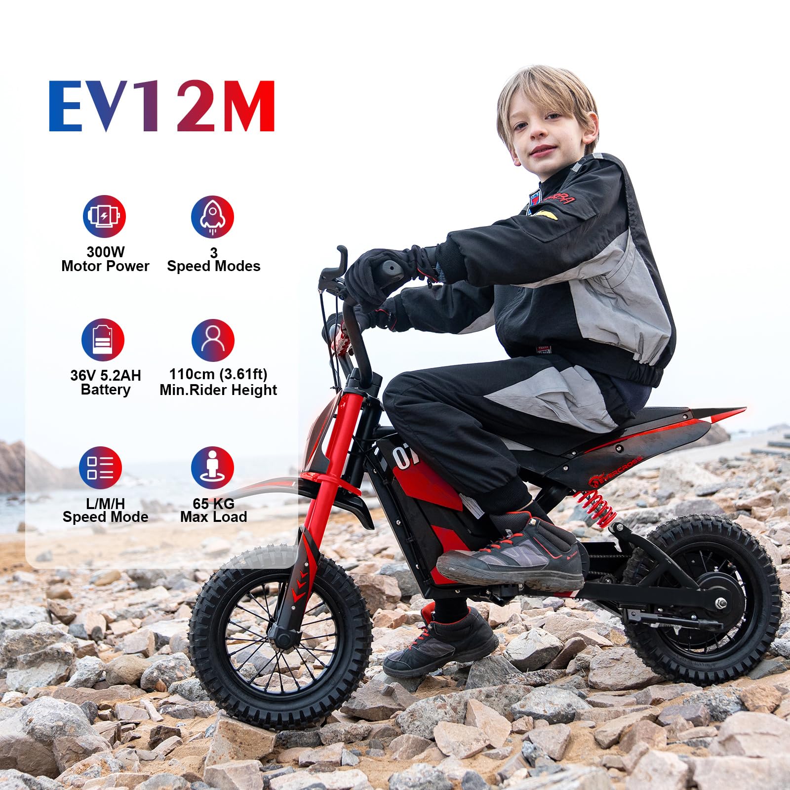 EVERCROSS EV12M Elektro Motorrad Kinder, Elektromotorrad mit 300W Motor, 3 Geschwindigkeitsmodus, 15KM Lange Reichweite, 12 Zoll Luftreifen, Moto Cross für Kinder Ab 110cm Körpergröße