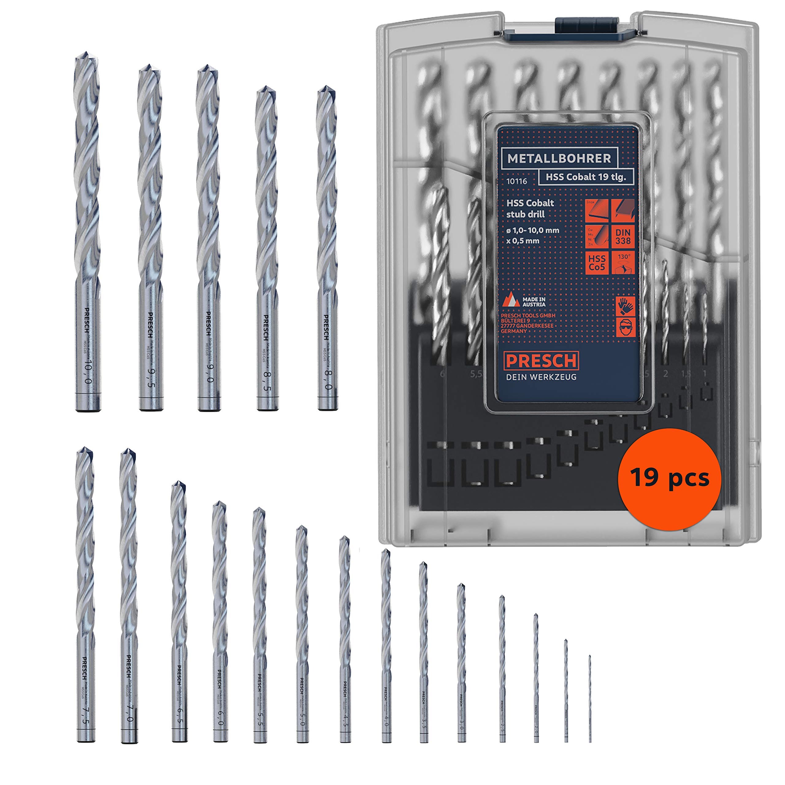 Presch Metallbohrer Set HSS Cobalt 19-tlg - Edelstahl Bohrersatz - Hochwertiges Cobalt Bohrer Set für Metall, Stahl, Eisen uvm. - Profi HSS-CO Edelstahl Bohrer - Ø 1-10mm