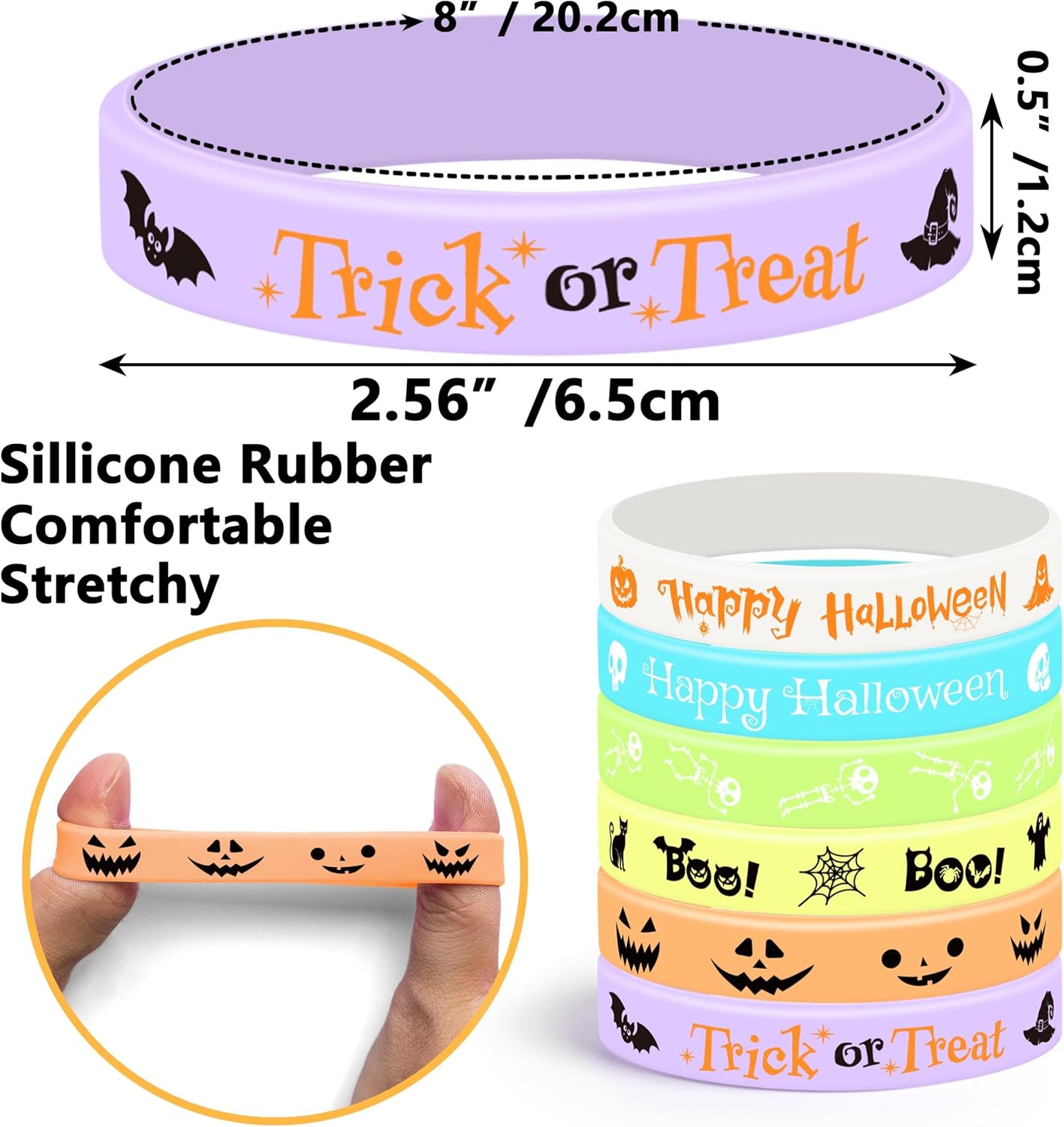 Lesnala 48 Pcs Halloween glow in the dark bracelets 6 Styles Trick or Treat Luminous silicone wristband for Kids Pumpkin Ghost Bat Glow Bracelets for Halloween Night Party Favors Goodie Bag Fillers - Image 6