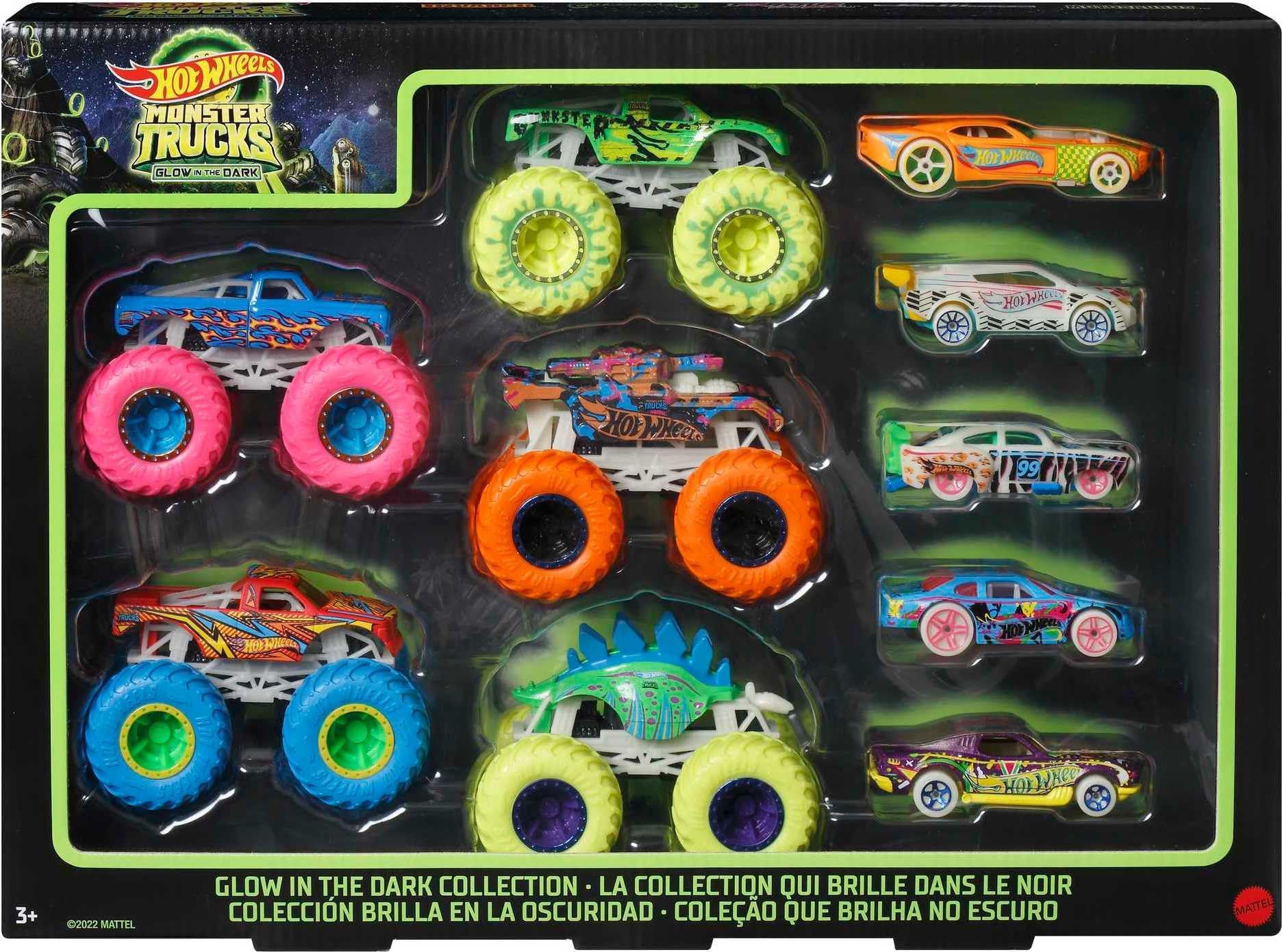 Toy Monster Trucks 10-Pack of Glow-in-the-Dark 1:64 Scale Vehicles, GITD Set of 5 Trucks & 5 Cars, Play Vehicles for Kids & Collectors