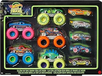 Hot Wheels Toy Monster Trucks 10-Pack of Glow-in-The-Dark 1:64 Scale Vehicles, GITD Set of 5 Trucks & 5 Cars, Play Vehicles for Kids & Collectors