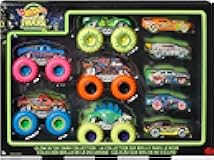 Toy Monster Trucks 10-Pack of Glow-in-The-Dark 1:64 Scale Vehicles, GITD Set of 5 Trucks & 5 Cars, Play Vehicles for Kids & Collectors