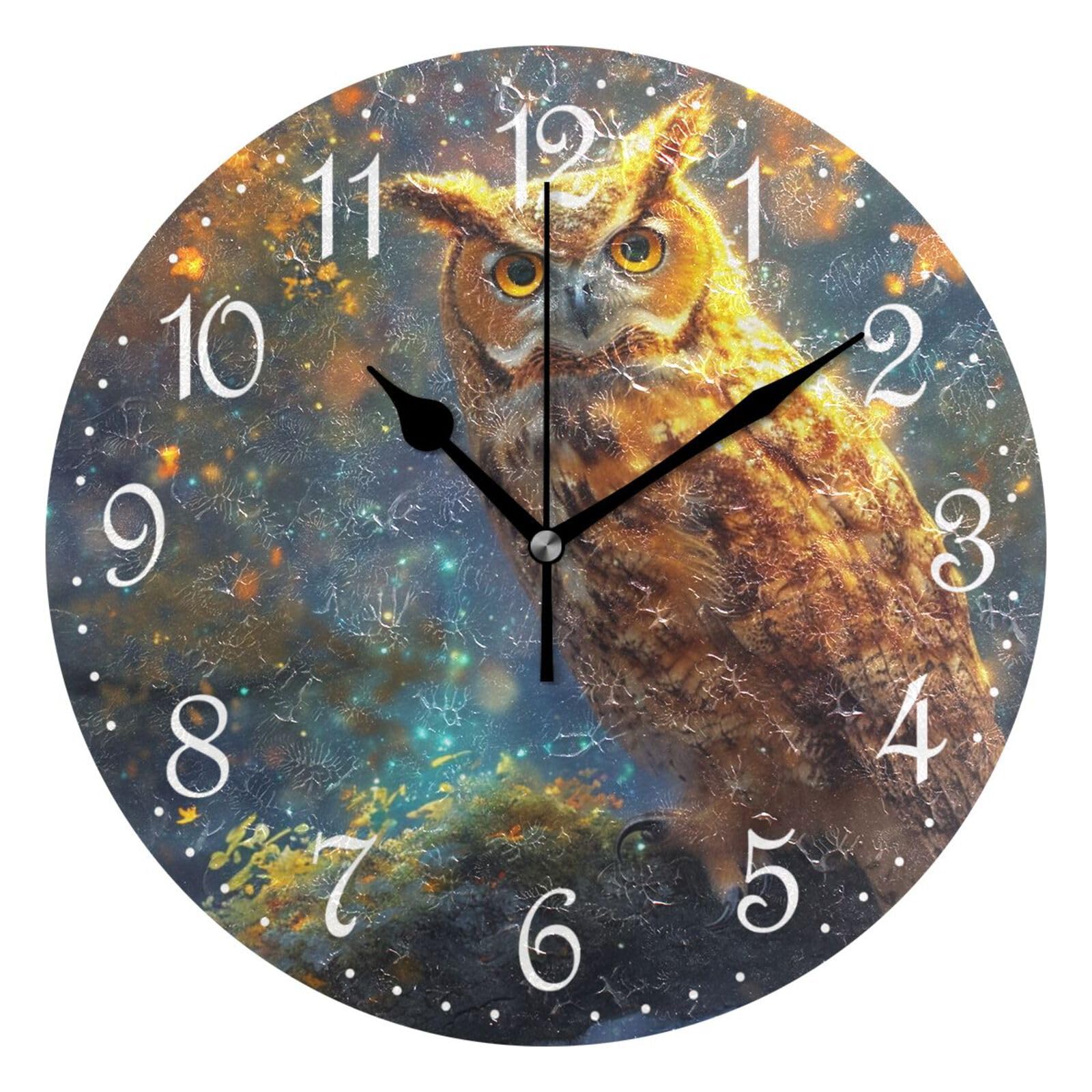 Mnsruu Wall Clock Autumn Gold Owl, Silent Non-Ticking Decorative Wall Clocks Battery Operated 25x25cm