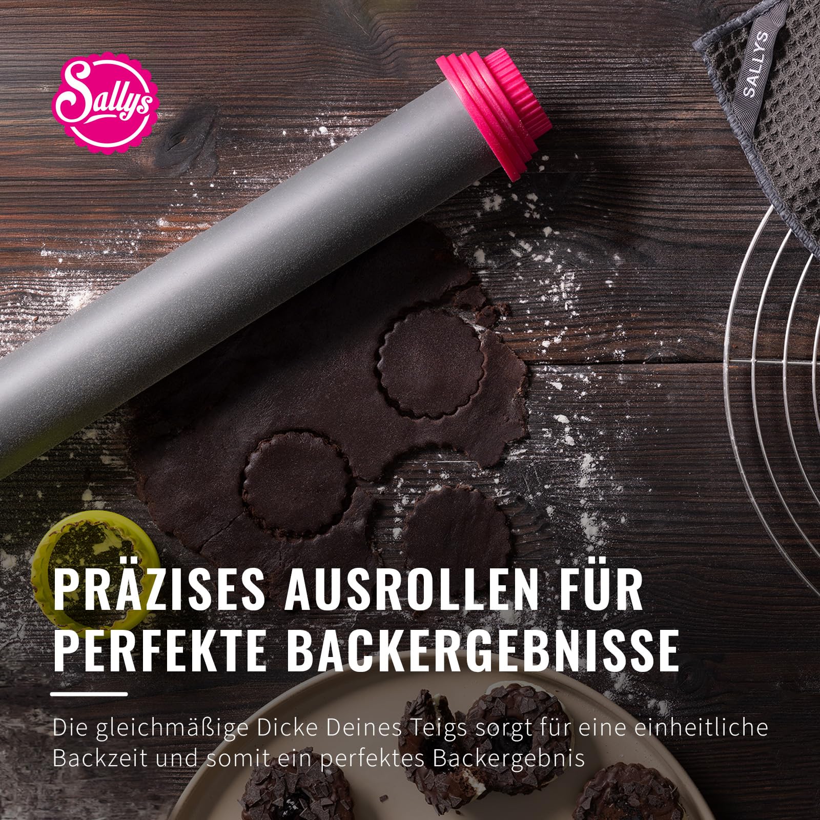 Sallys Profi Ausrollstab - 50 cm - Antihaft-Silikon & Edelstahlkern - Teigroller mit Abnehmbaren Abstandsringen - Nudelholz zum Backen
