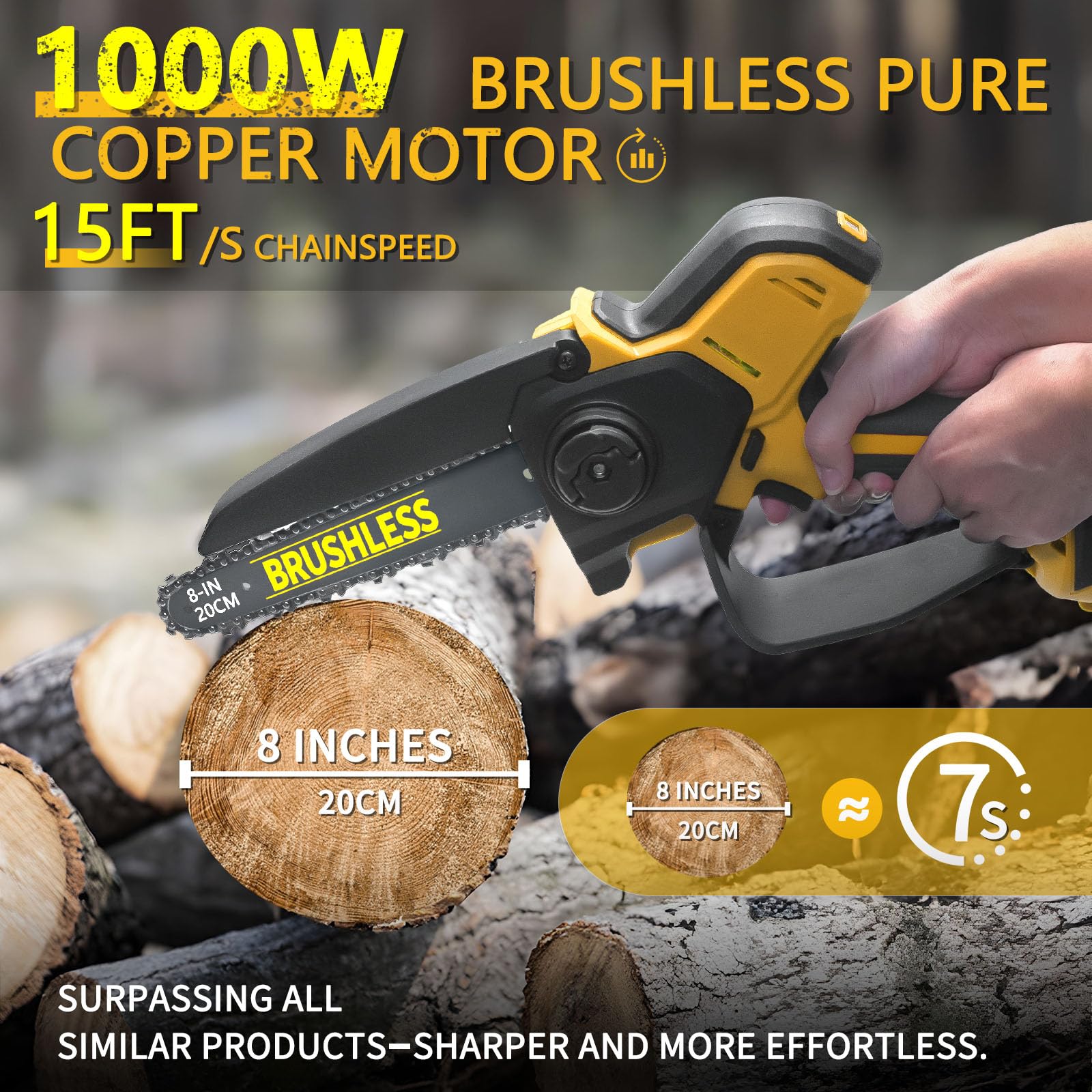 Mini motosierra compatible con batería Dewalt de 20 V MAX,8 pulgadas y 6 pulgadas Mini motosierra inalámbrica 2 en 1, motor de cobre puro sin escobillas de 1000 W, velocidad de cadena de 4.6 m/s para