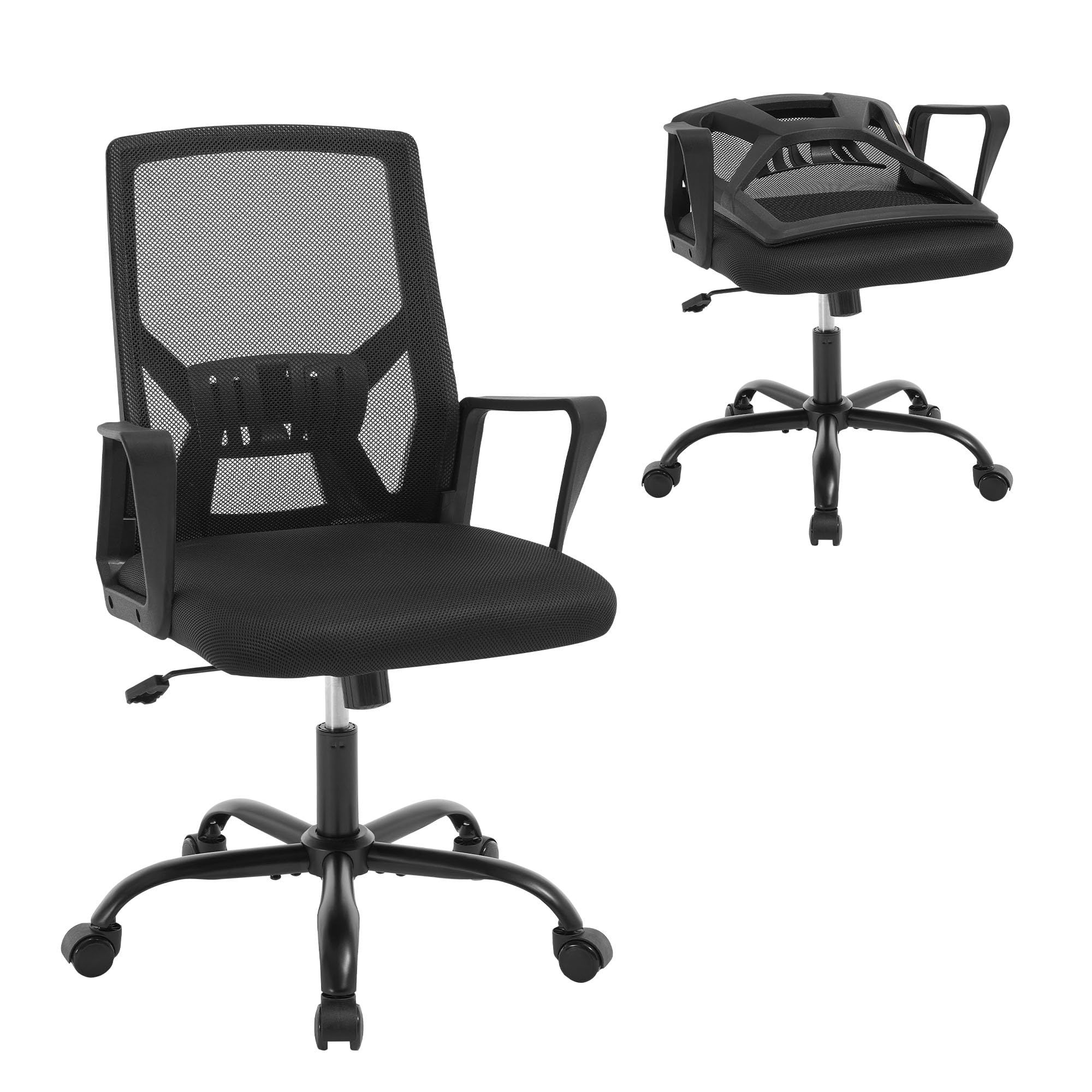 Chaise Bureau Ergonomique avec Dossier Rabattable en Maille Haute Élasticité, Fauteuil Bureau avec roulettes Universelles à 360° et Accoudoirs, Noir