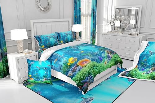 Miniatura 8 de Erosebridal Juego de ropa de cama 3D con diseño de mundo submarino y peces de playa, color azul marino, tamaño Queen, relleno de edredón de delfín