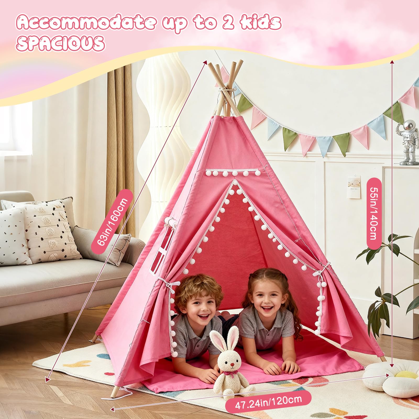 Tipi Zelt für Kinder 120x140cm, Tippi Kinderzelt Indoor Outdoor