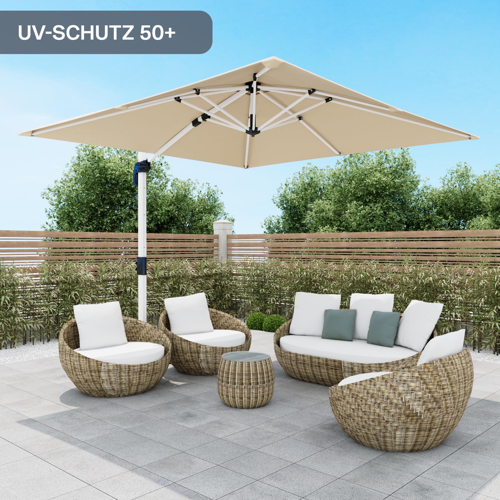 TRIUMPHKEY Sombrilla para balcón de aluminio con manivela, impermeable, protección solar UV50+, rotación de 360 °, Grau Doble Techo, 300 * 400 cm