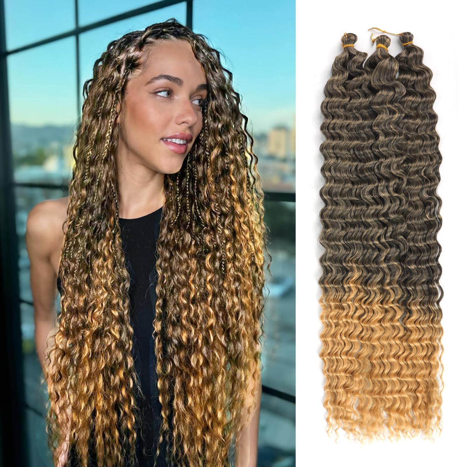Alaleibaby Ocean Wave Crochet Hair 22 inch Deep Wave Crochet Hair 6 Packs boho hair for braiding Hair Extensions curly Braiding Hair for Black Women water wave crochet hair (T27#