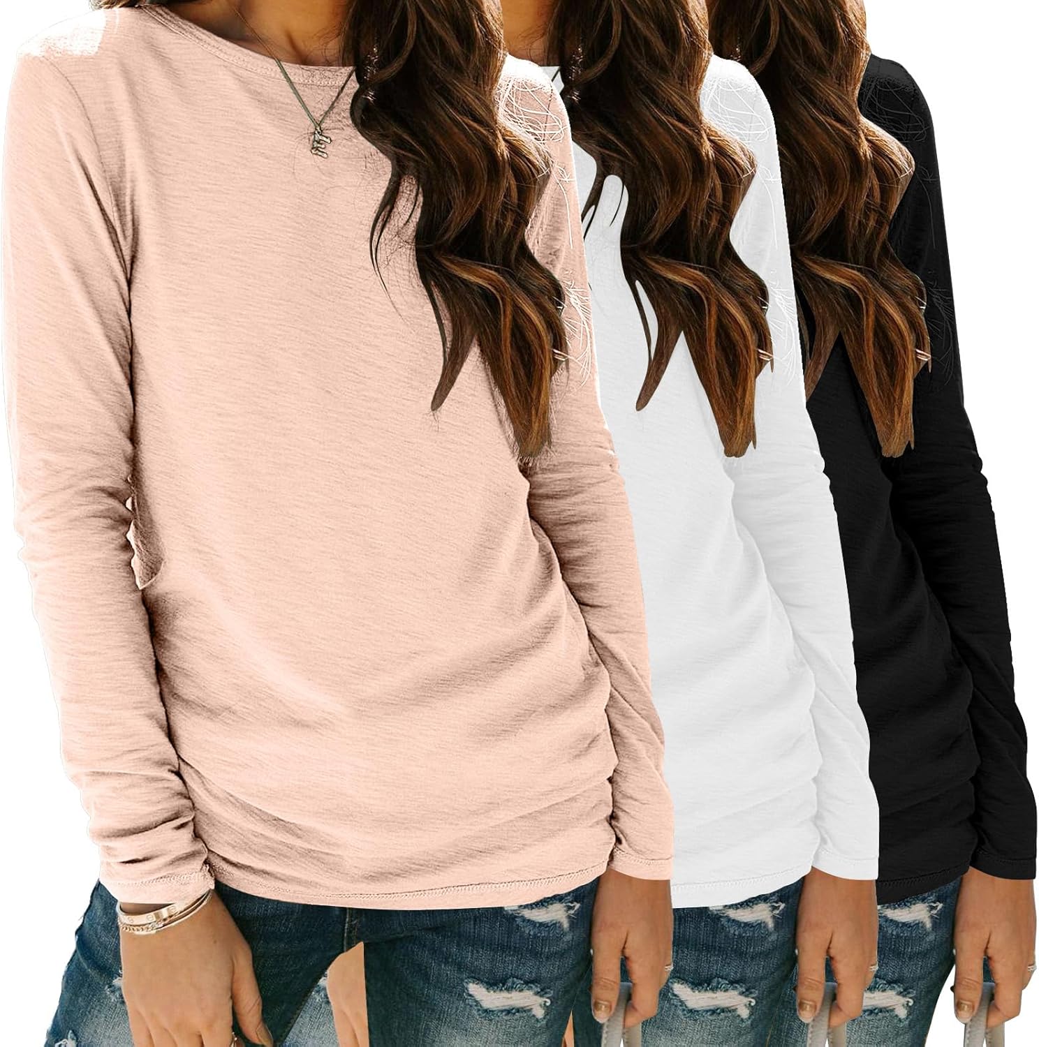 Zeagoo 3 Pack Long Sleeve Shirts for Women Casual Soft Crewneck Basic Tee Tops Fall Outfit Clothes