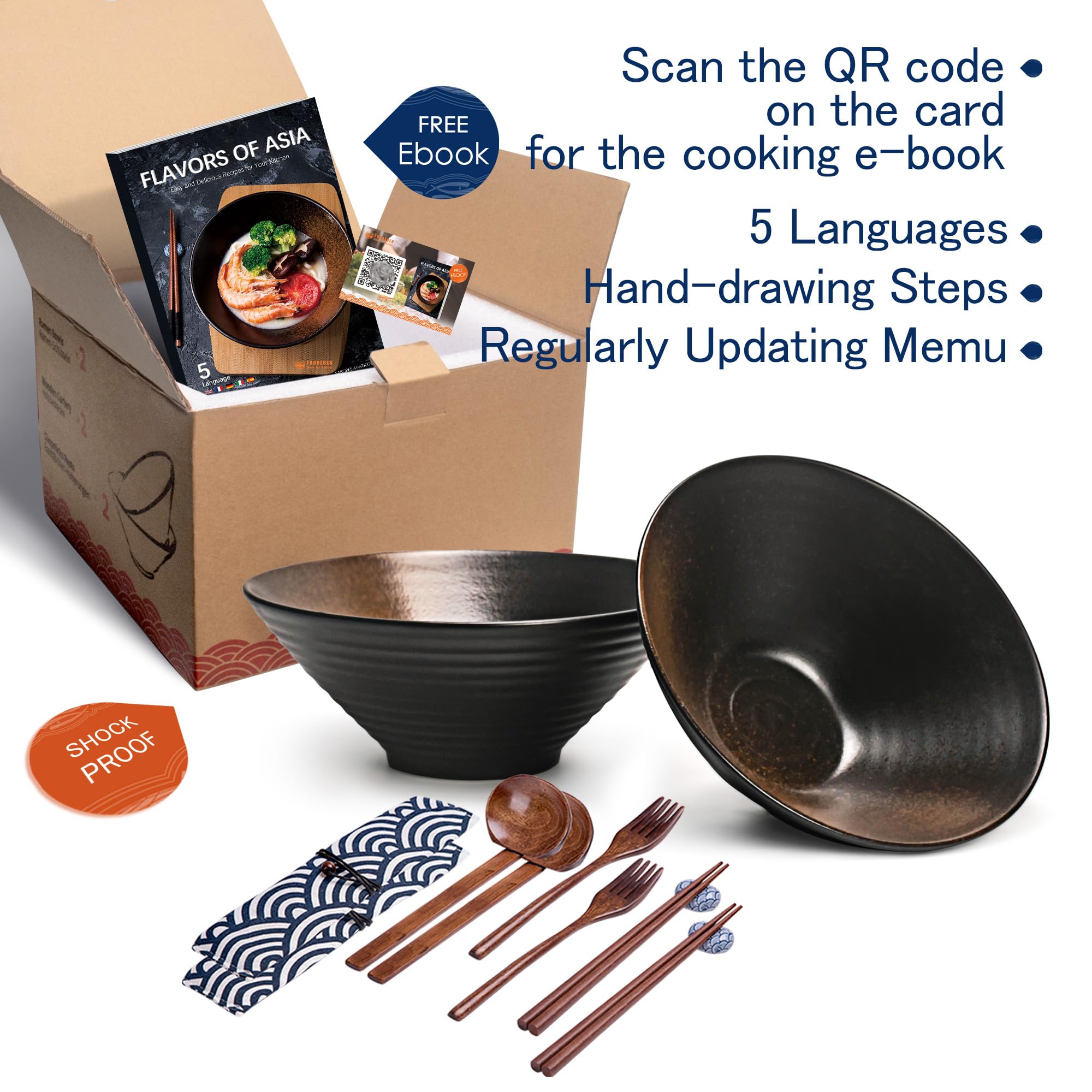 Keramik-Suppenschüssel-Set, 2×1000ml Ramen Bowl, Große Japanische Nudelschalen mit Löffel und Stäbchen, Traditionelles Asiatisches Geschirr Set, für Udon, Pasta, Pho, Soba, Müsli & Salat
