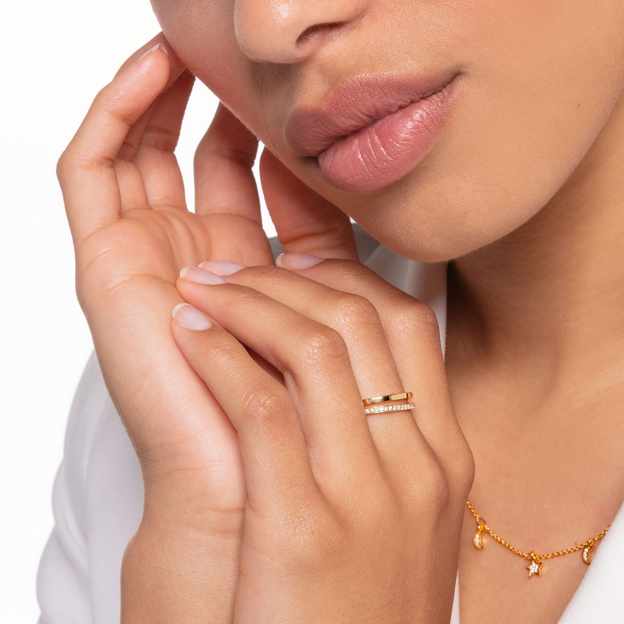 THOMAS SABO Ring doppelreihig weiße Steine gold 750 Gelbgold Vergoldung, 925 Sterlingsilber