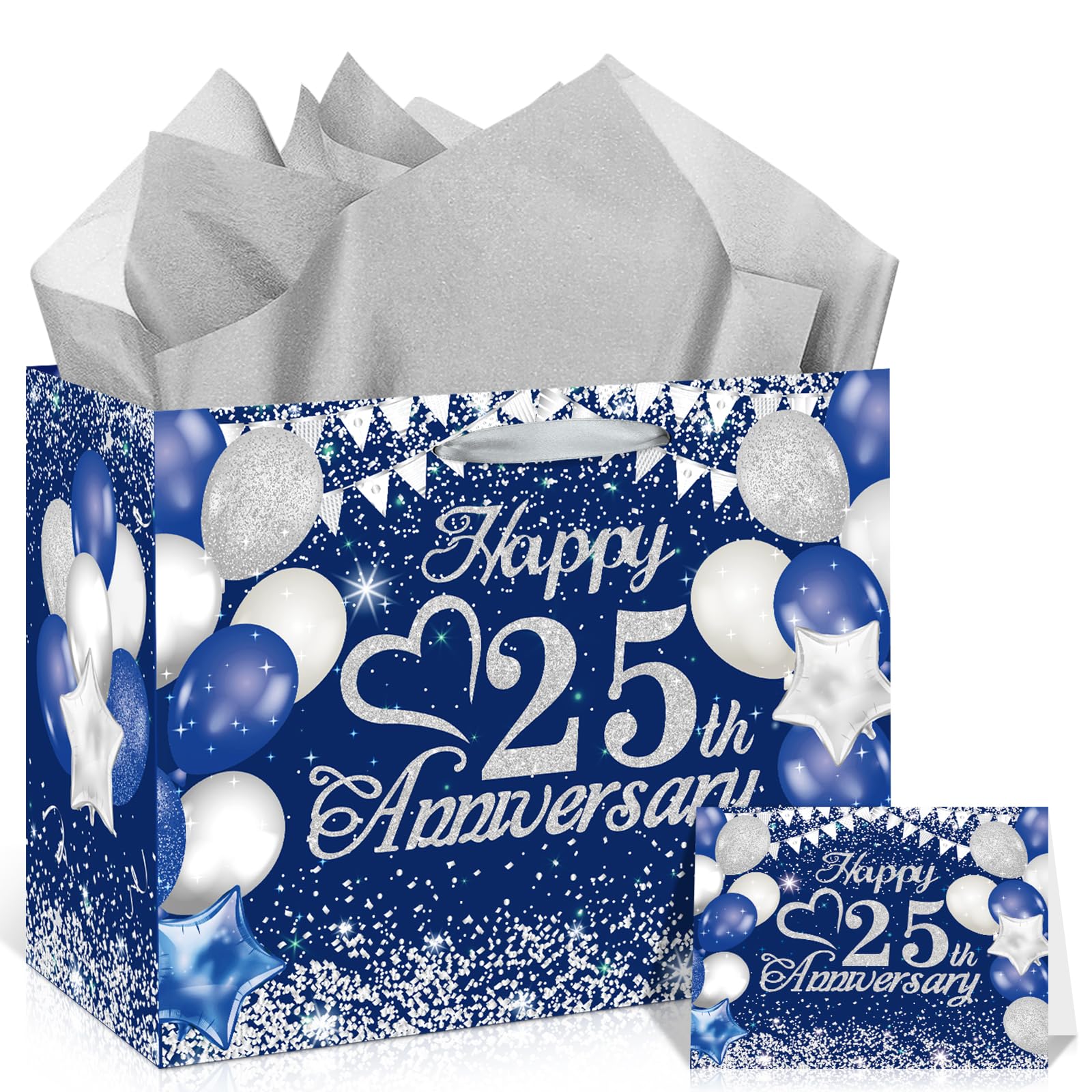 1PC Blue Silver 25th Anniversary Party Gift Bag with Tissue Papers and Card, 11.8'' Blue 25th Wedding Anniversary Paper Gift Wrapping Bag for Women Men 25 Years Wedding Party Decor Supplies