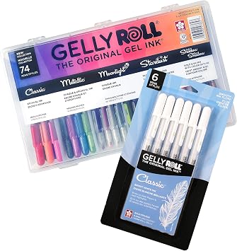 SAKURA Gelly Roll Gel Pens - Gift Set - Assorted Point Sizes with Pen Storage Case - Assorted Colored Ink with Special Effects - 74 Pack & Gelly Roll Gel Pens - Bold Tip - Classic White Ink -6 Pack