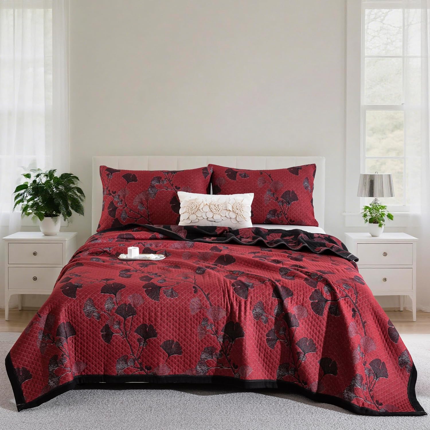 100% Cotton Muslin Jacquard 3 Piece Quilt Set Floral Ginkgo Leaf Print, Soft 3 Layers Gauze Bed Cover Reversible Bedspread Coverlet Breathable Lightweight Bedding Set, Queen